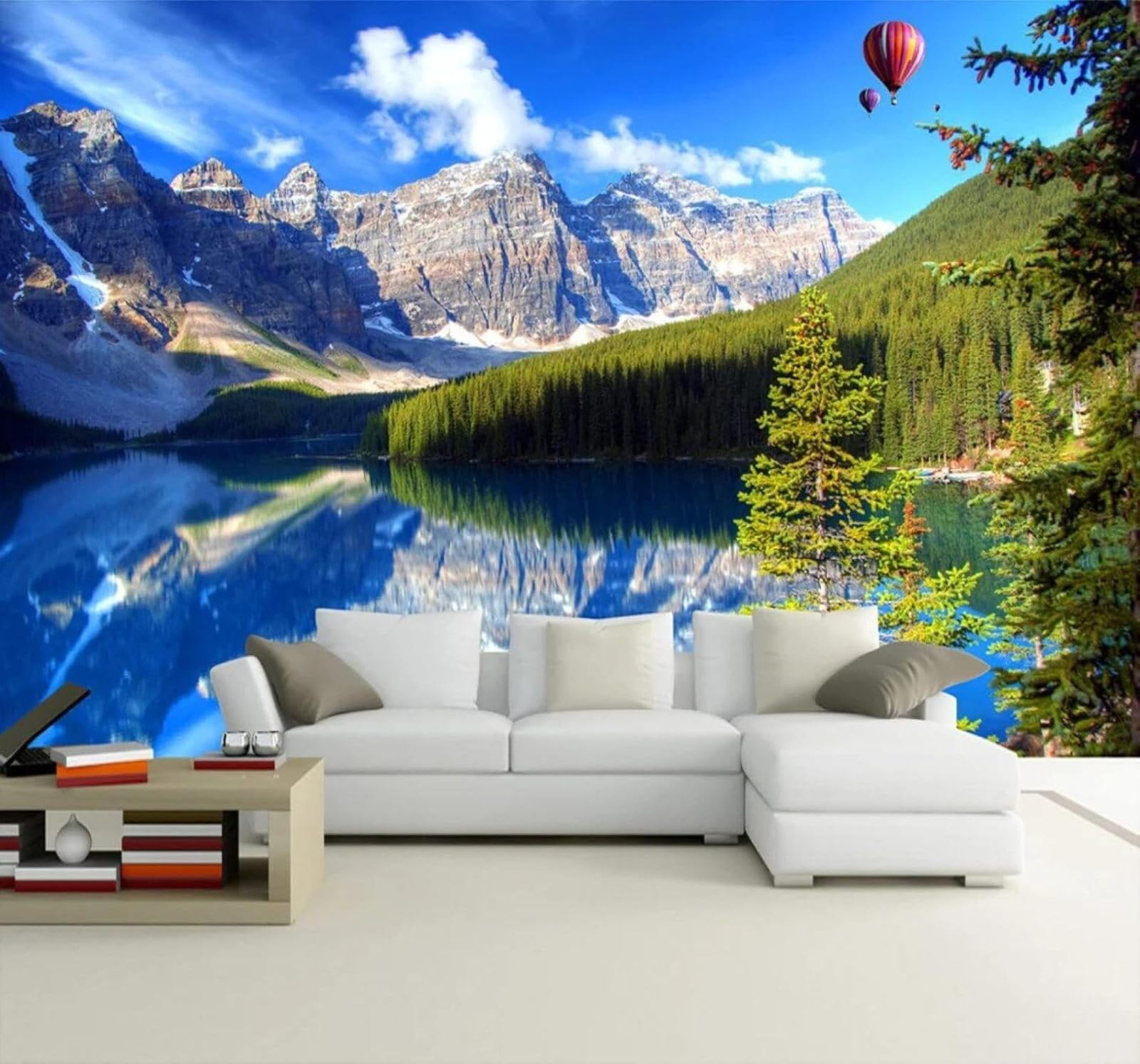 Tzxztt Beautiful Snow Capped Mountains Lakes Hot Air Balloons Natural Scenery Modern 3D Wallpaper Premium Textured Silk Neutral Tones Material Ideal for Living Room Bedroom-200cm×140cm