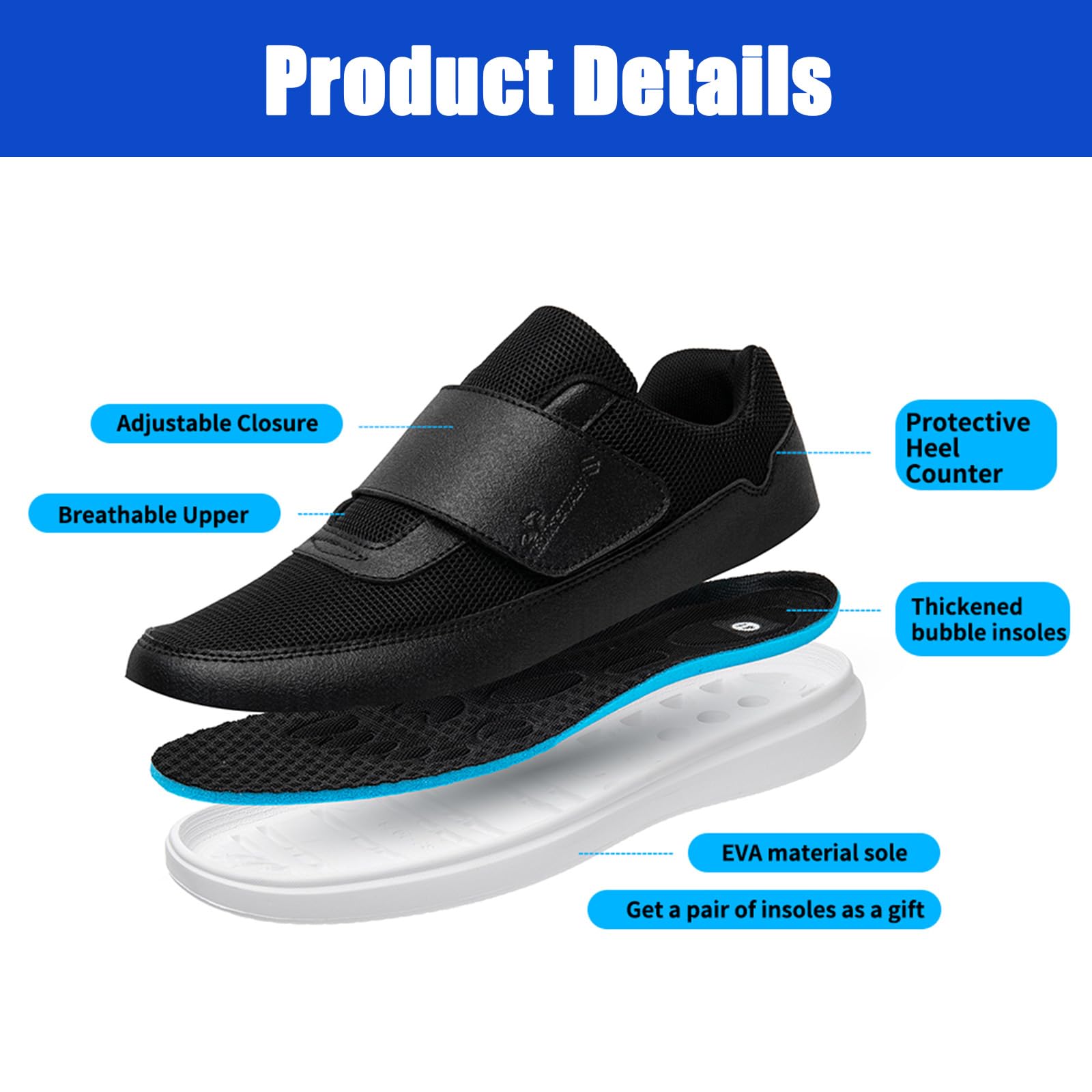 Scarpe Leggere Scarpe da Ginnastica Ortopediche Scarpe da Passeggio Regolabili Extra Larghe per Anziani Edema Piedi Gonfi Pollice Valgo Memory Foam (A17650)