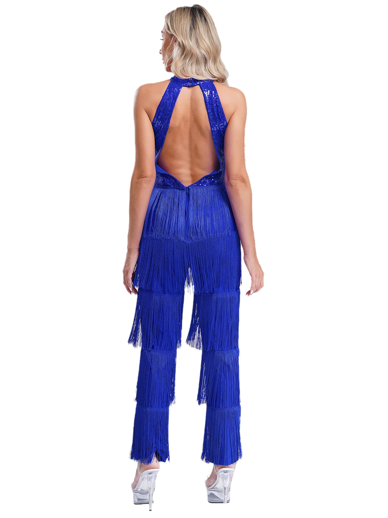TiaoBug Abito da Ballo Latino Americano Tango Donna con Nappe Paillettes Body Danza Classica Moderna Collo Halter Costume da Danza Samba Rumba Salsa Sala da Ballo Dancewear