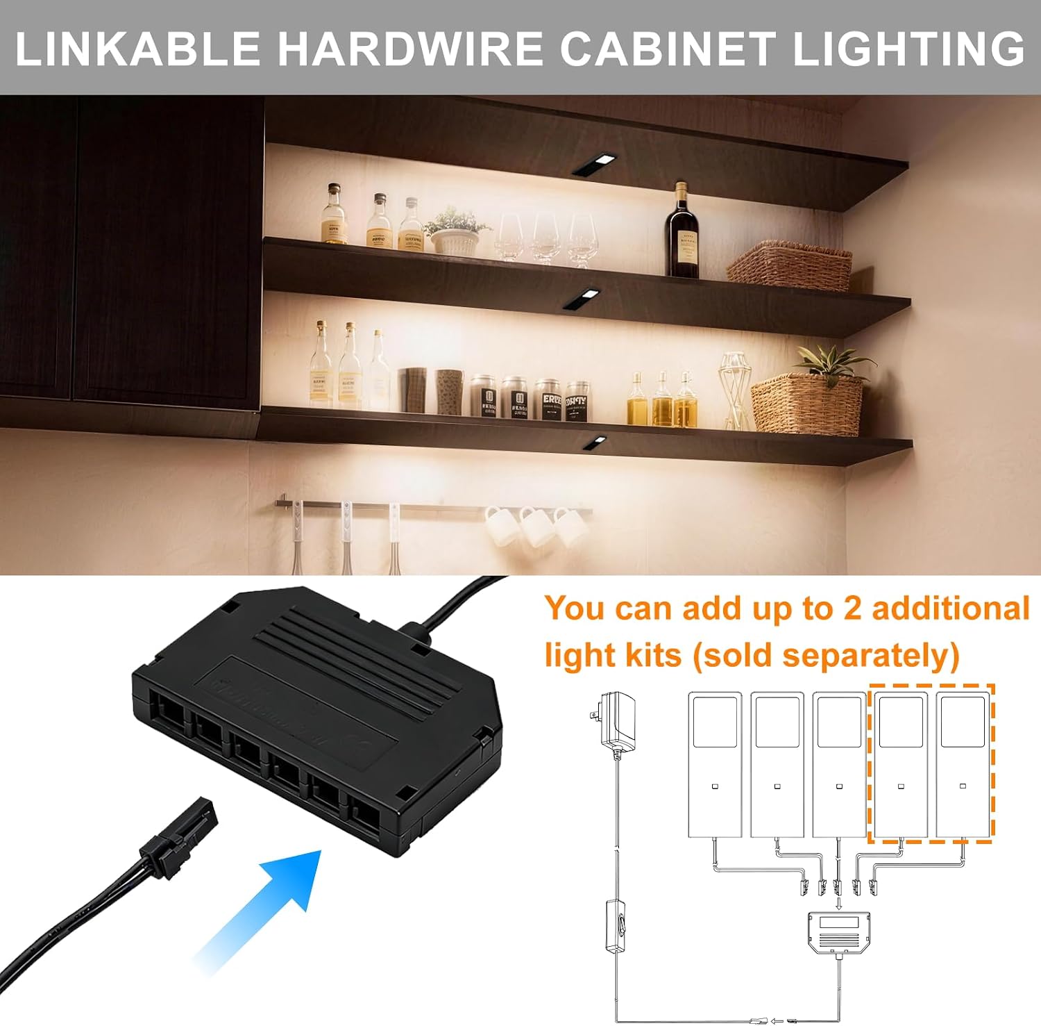 Dimmable LED Under Cabinet Lighting with Junction Box Ultra-Thin | 7.44 × 2.75 × 0.28 in, 3000K/4000K/5000K, 15W, Plug in Low Voltage Under Shelf Lights for Kitchen Counter, Black, 3-IN-1