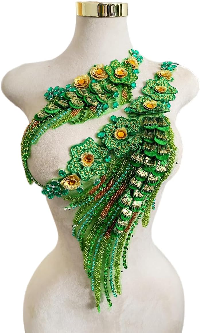Pure Handmade Rhinestones Three-Dimensional Flower Sequin Lace Applique Accessories handsewing Beads Stones Trim Patches for Wedding Dress Decorations 1 Set/Bag 8X22in and 15X4in (LightGreen)