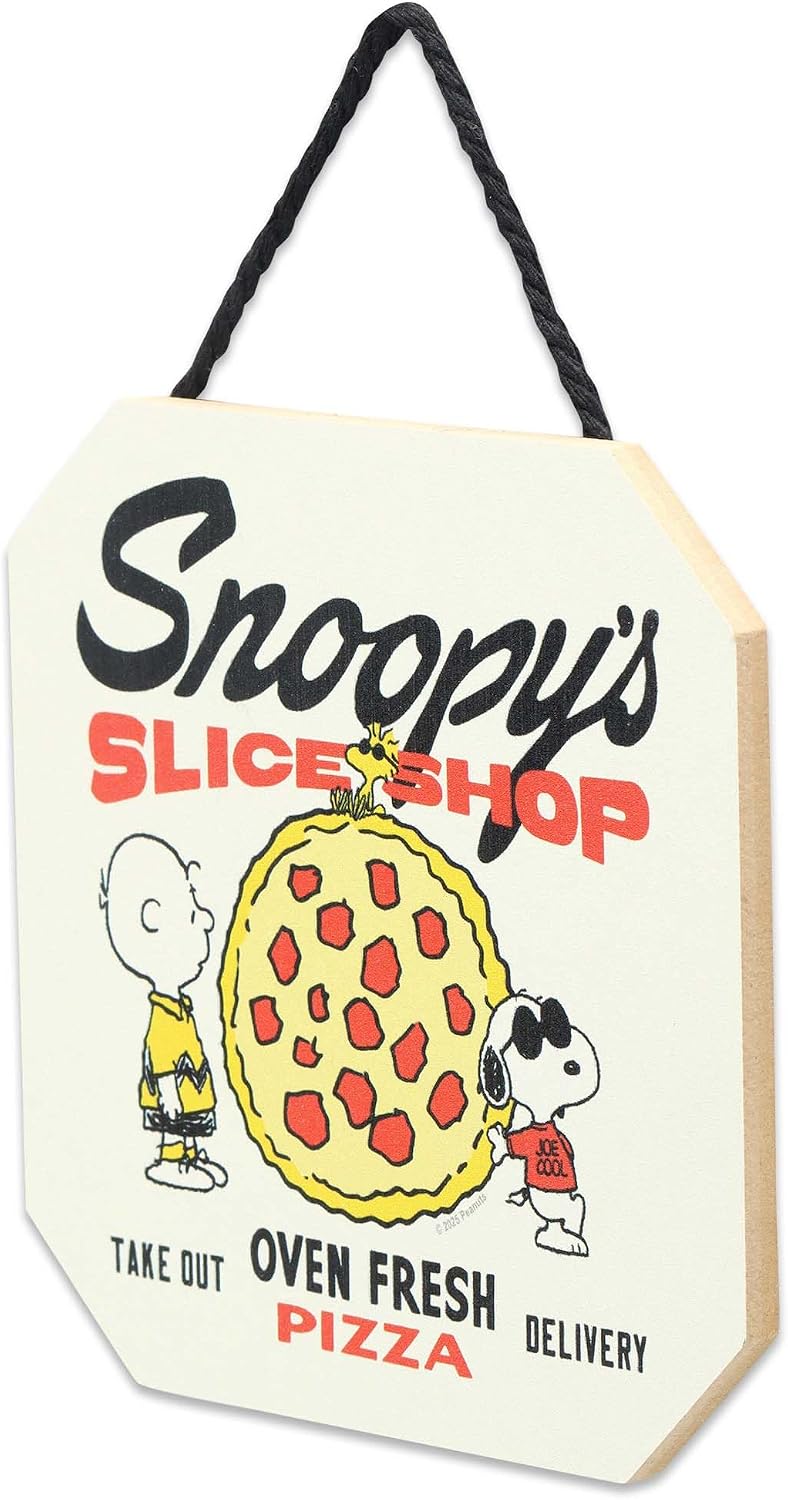 Peanuts Snoopy's Slice Shop Oven Fresh Pizza Hanging Wood Wall Decor - Fun Snoopy Pizza Sign for Kitchen or Dining Room