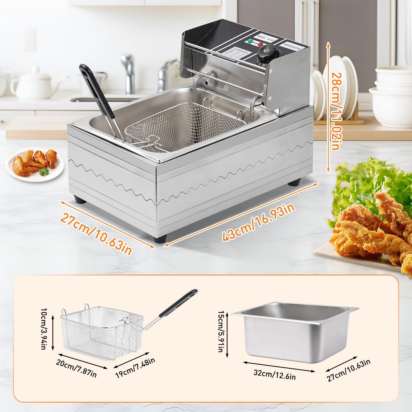 Freidora eléctrica – Freidora eléctrica de gran capacidad de 6 litros con cesta desmontable, control de temperatura ajustable, freidora comercial de acero inoxidable de 1600 W para restaurante y hogar 8