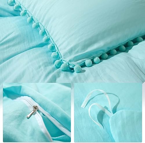 Miniatura 5 de ETDIFFE Juego de funda de edredón con pompones, color turquesa, tamaño Queen, 3 piezas, color aguamarina, bohemio, bohemio, de microfibra, funda de