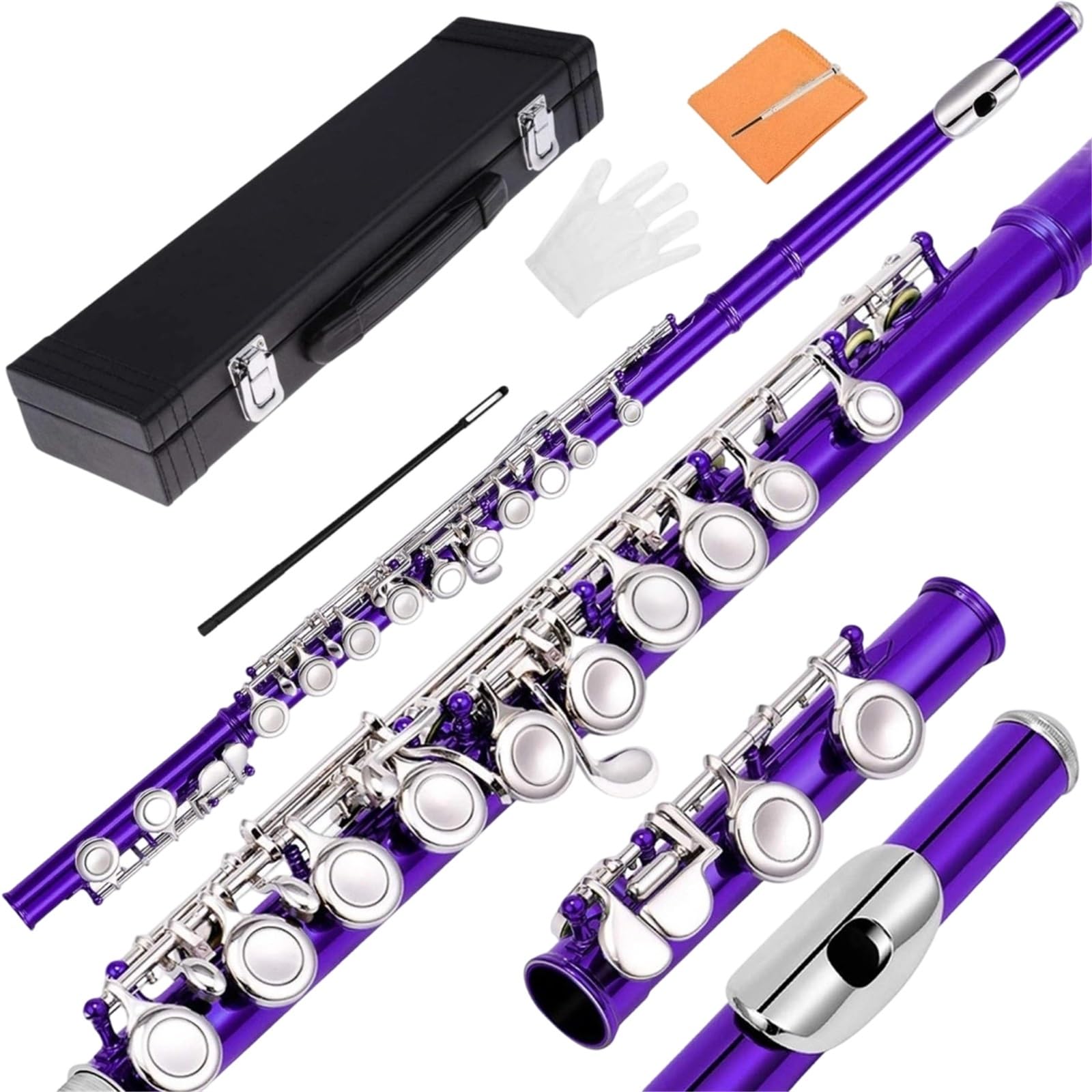 Flet Instrumenty Muzyczne Standardowy 16 Zamkniętych Otworów W Tonie C Niklowany Flet E Profesjonalne Wykonanie Trwałe(Purple)