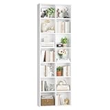 FOTOSOK 71'' White Bookshelf, Double Wide Media Tower Rack CD DVD Rack Display Cabinet with Adjustable Shelves, Tall Narrow Bookcase Bookshelf for Home Office, White