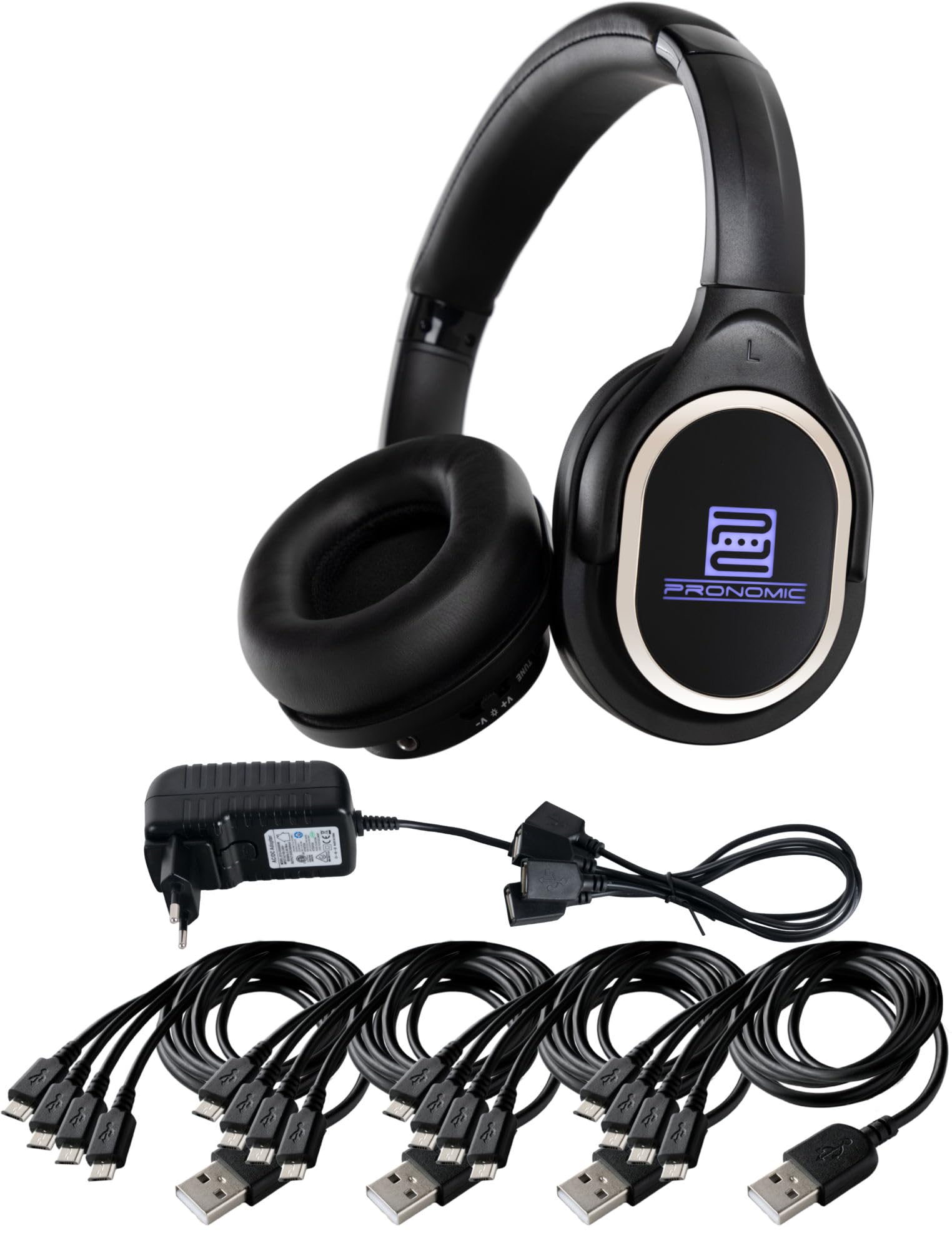 Pronomic SDH-340/32 USB-C Silent Disco V2 Set De Auriculares + 2 Cargadores | Wireless Stereo Kopfhörer, 3 canales recibibles, Iluminación LED muestra el canal seleccionado (azul, rojo y verde), THD: <1%