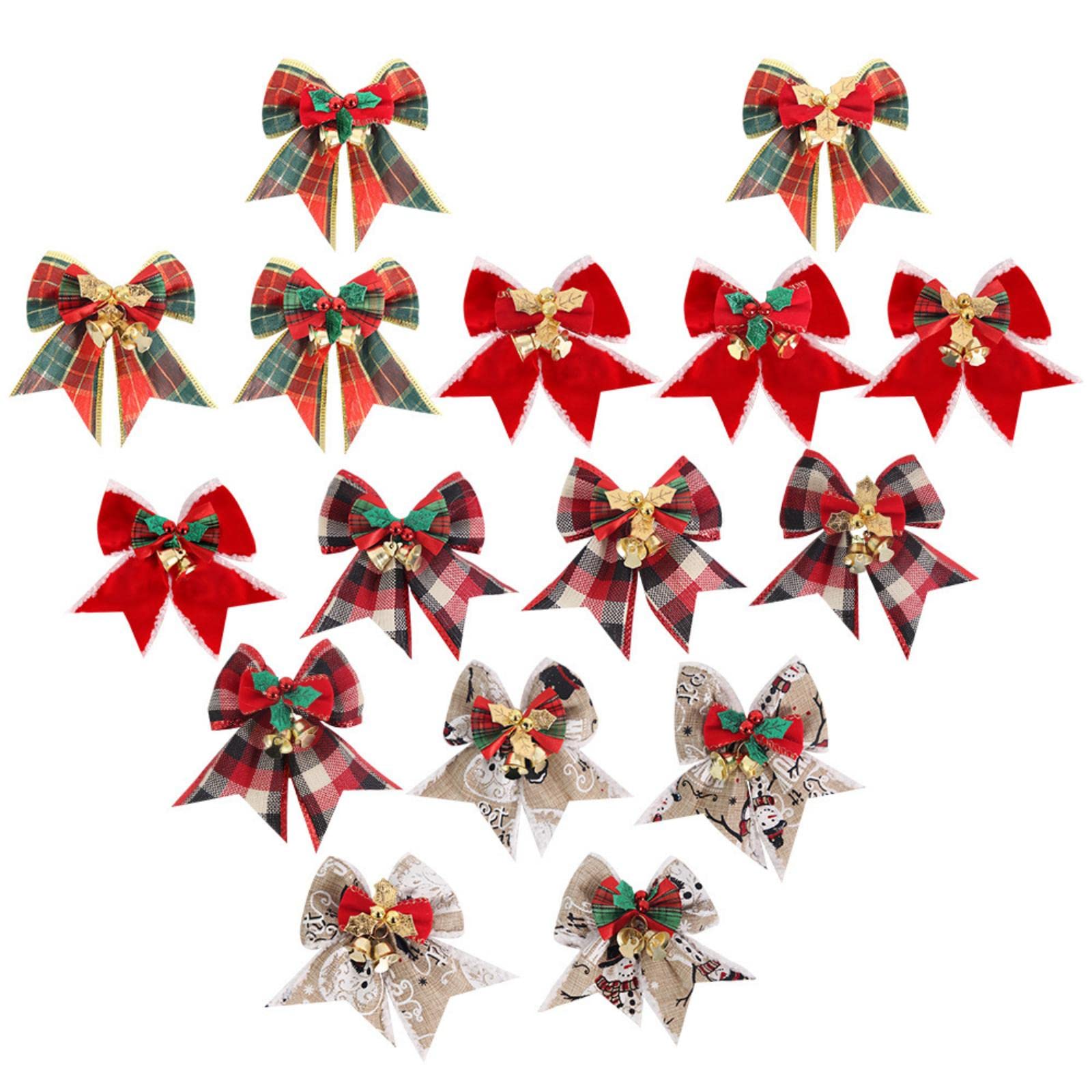 MOJUN 16 Pieces Christmas Bows with Bells, Xmas Mini Bowknot Craft Gift Hanging Ornament for Christmas Tree Wreath Garland Decor