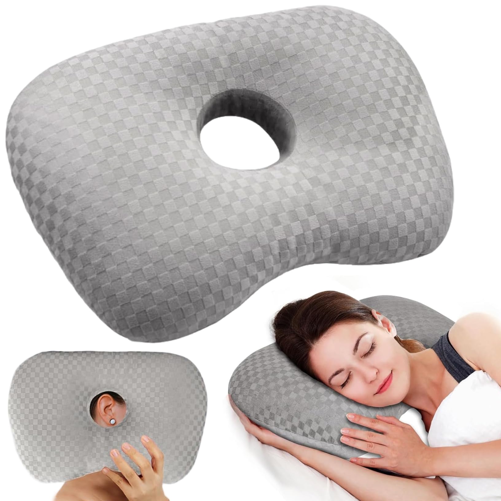 Oreiller de couchage latéral à carreaux 17x13 cm avec trou d'oreille et garnissage ajustable
