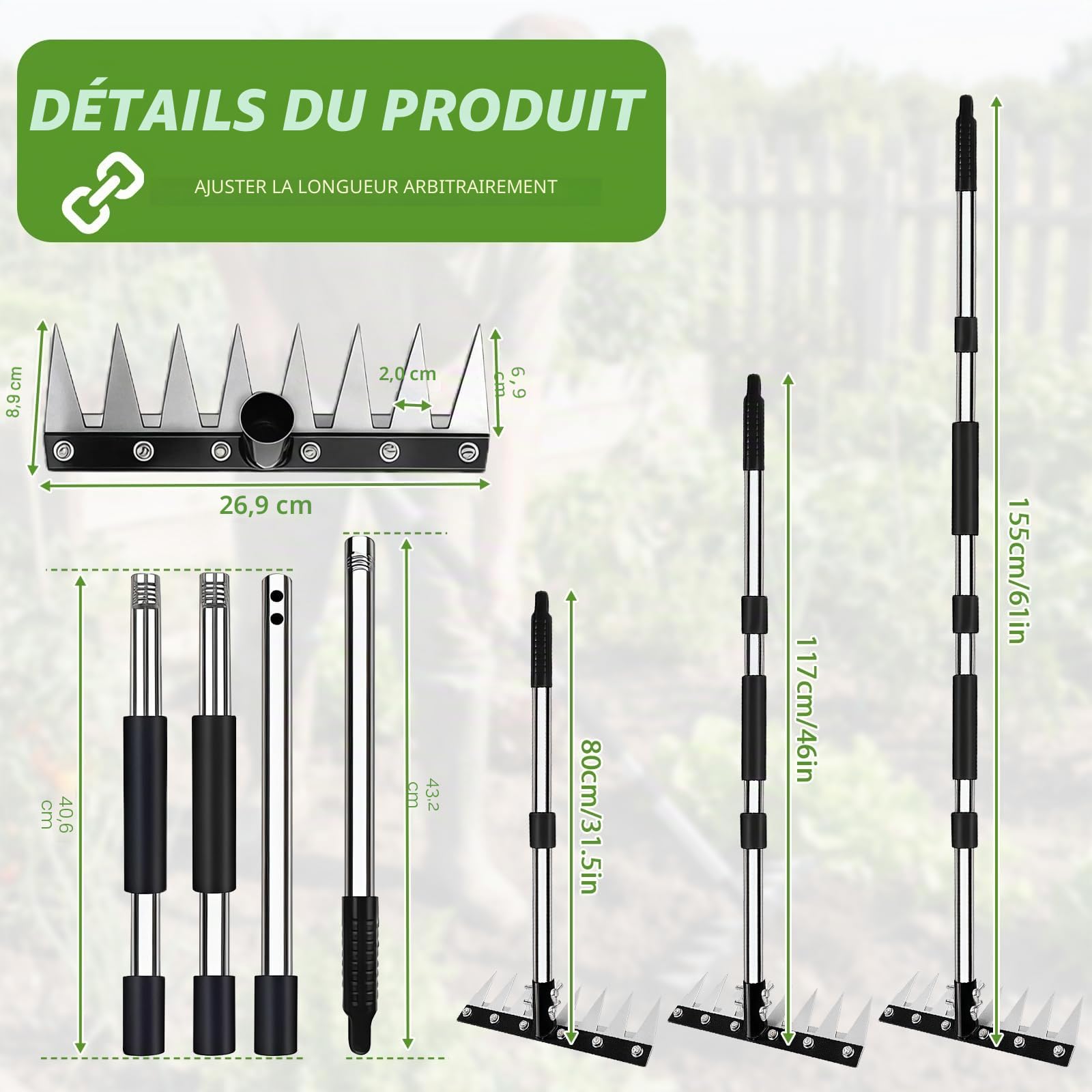 Rateau De Désherbage, Râteau Jardin avec Manche(155cm) Dents Râteau De Désherbage Multifonction en Acier au Manganèse pour Désherber, Desserrer et Semer (8 Dents)