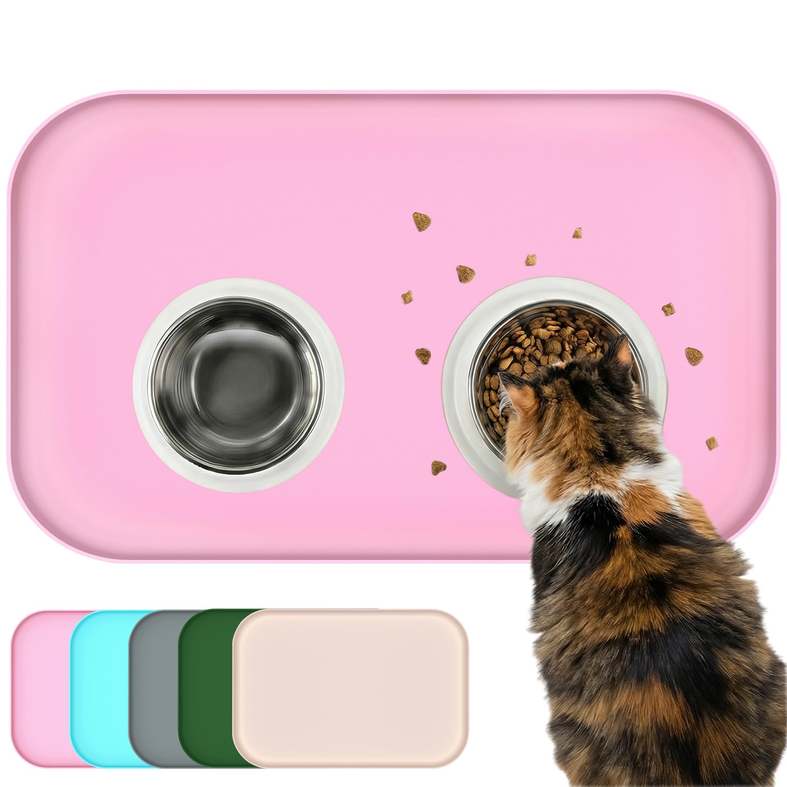 BLESWIN Waterproof Silicone Pet Feeding Mat with Raised Edge,Non-Skid Spill Proof Dog Bowl Mats, Easy Clean Cat Bowls Placemat for Cats and Dogs（Pink，60 * 40cm）
