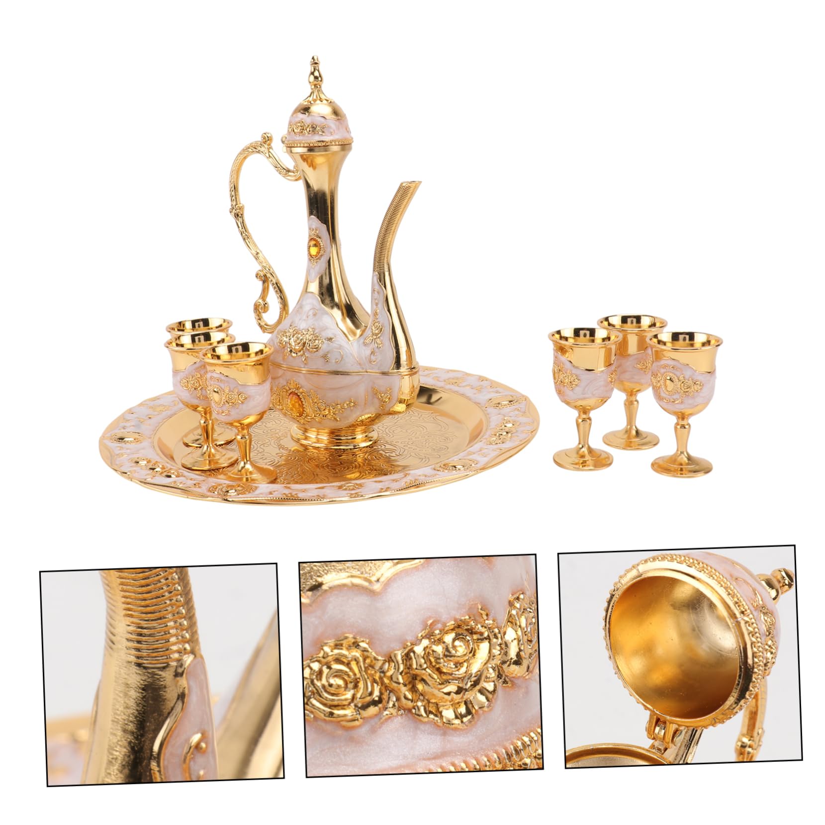 Mikinona Juego de Vino Decorativo para Bodas y Fiestas, 1 Set con Bandeja, Metal Dorado, Acabado Suave y Grabado a Mano, Adorno de Mesa