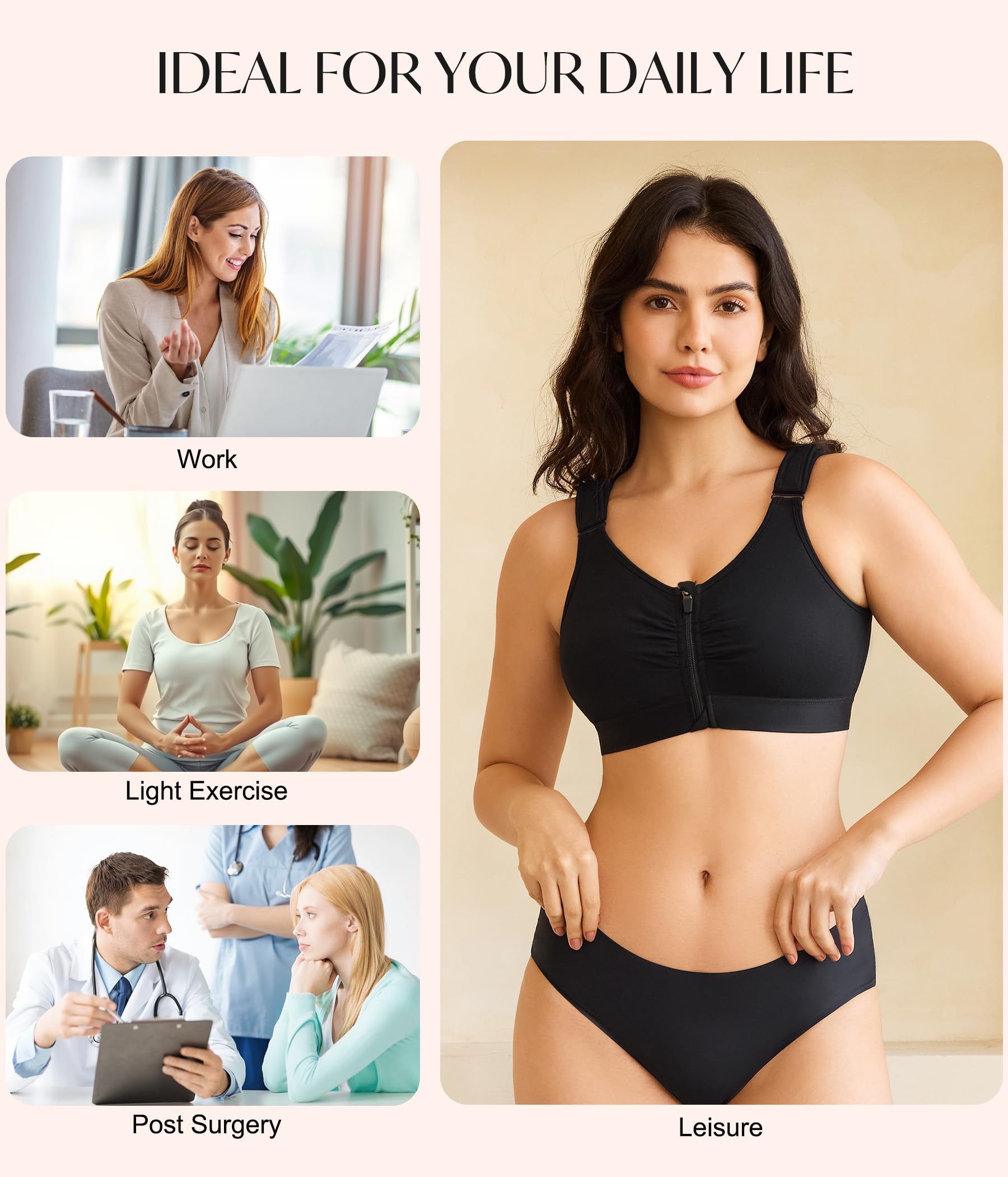 CYDREAM Brasier con cremallera frontal para mujer, cobertura completa, sin varillas, cómodo, para uso diario, postoperatoria, tirantes ajustables