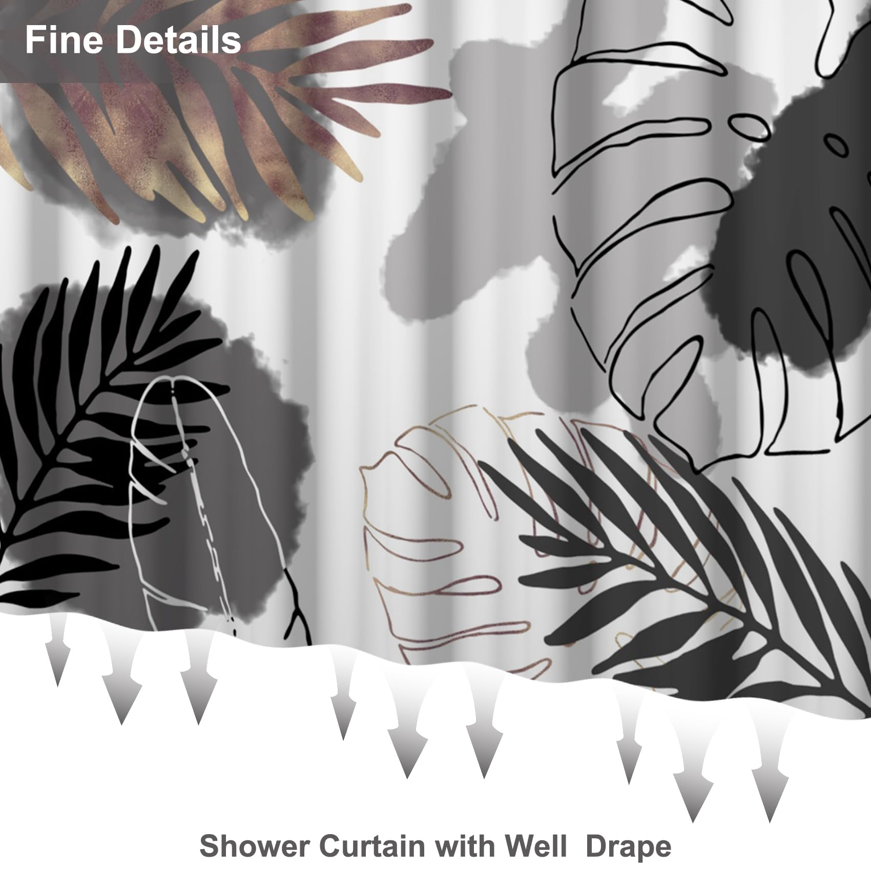 Boho Cortina de Ducha sin Gancho Hojas Doradas Grises Cortina de baño Abstracta de Mediados de Siglo Cortina de Ducha de Doble Capa con Snap in Liner Cortina de bañera Impermeable 180x200cm