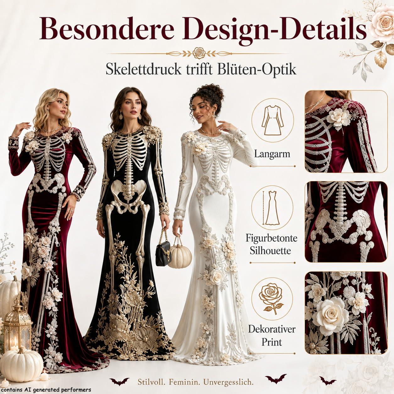Abito di Halloween da donna con scheletro a maniche lunghe, maxi abito