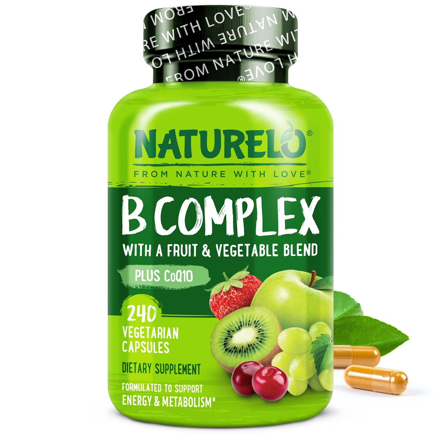 NATURELO Vitamin B Complex - Whole Food Complex with Vitamin B6, Folate, B12, Biotin - Supplement for Energy and Stress - High Potency - Vegan - Vegetarian - Non GMO - Gluten Free - 240 Capsules