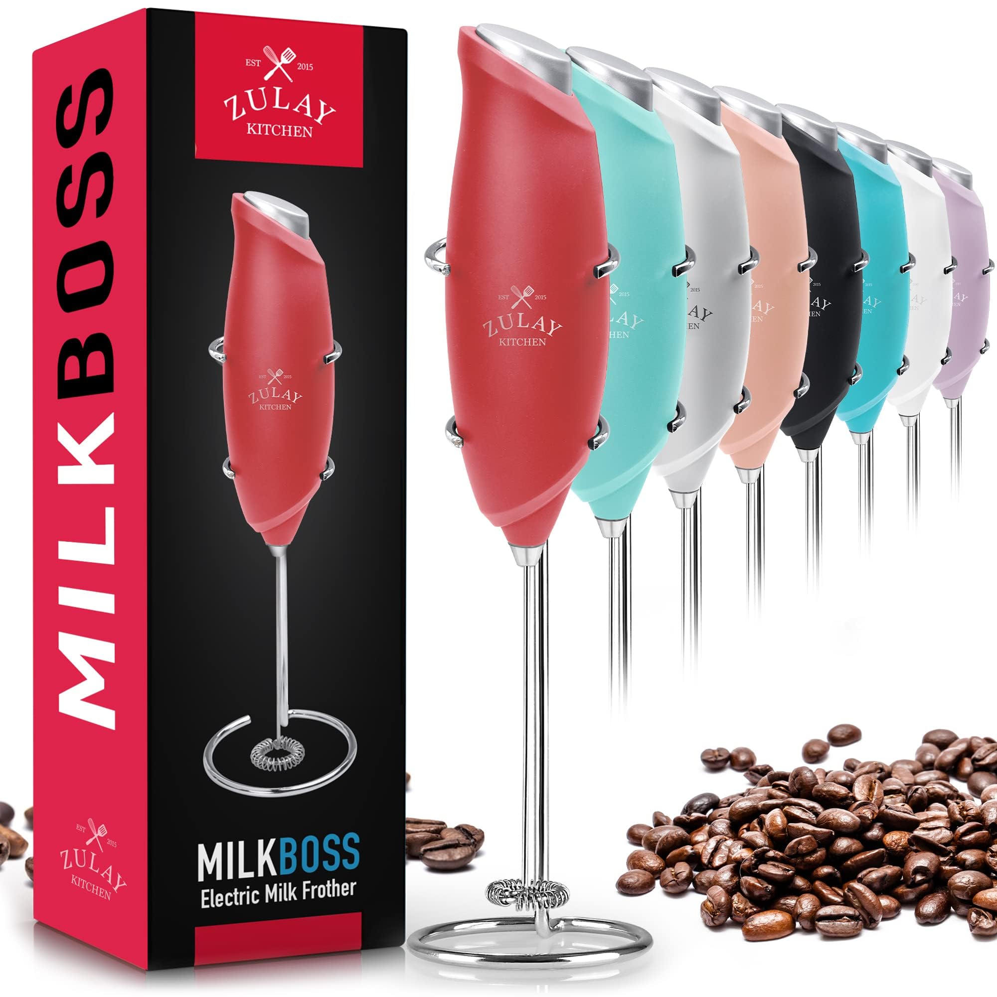 Zulay Kitchen Premium One-Touch Milk Frother for Coffee - Easy-Use Frother Handheld Foam Maker - Electric Whisk Drink Mixer for Cappuccino, Frappe, Matcha and Hot Chocolate (Cardinal Red)