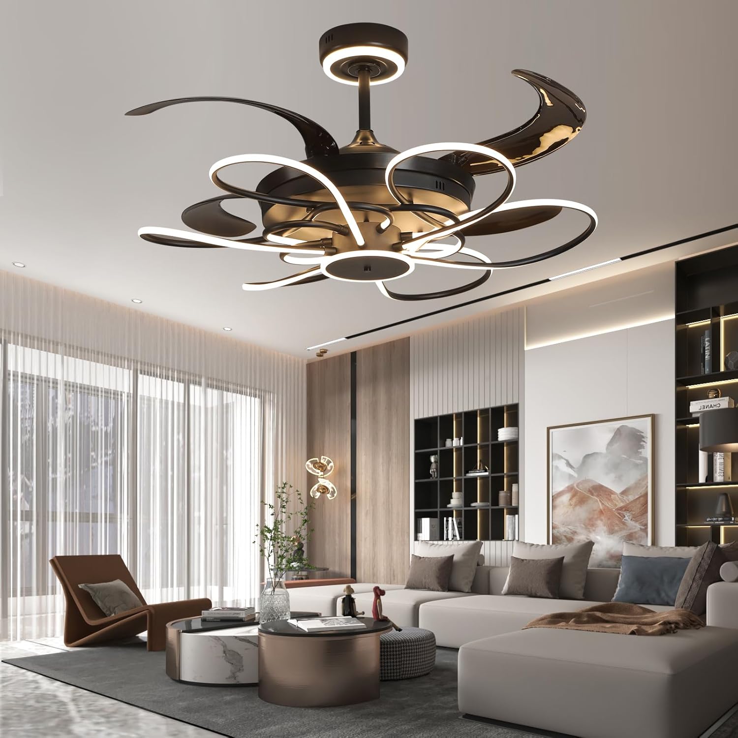 48 Inch Chandelier Ceiling Fans with Lights and Remote, Retractable Fandelier Ceiling Fan for Bedroom Indoor Decoration, 3 Color Changeable, Dimmable with App, Timer Setting (Black DCFS25005)