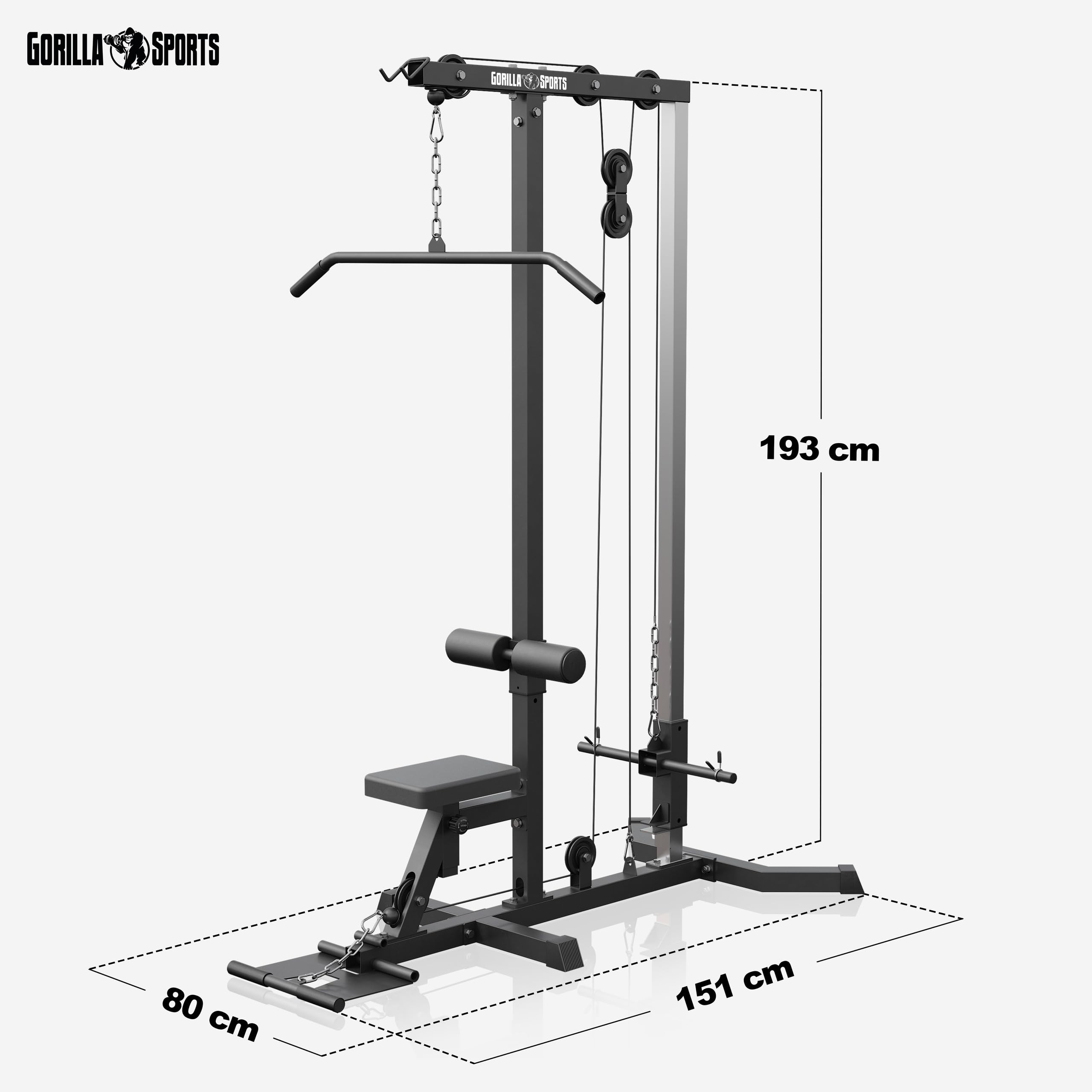 GORILLA SPORTS® Torre de poleas Ajustable, 30 mm | Incluye barra de tríceps y barra de poleas, Soporta hasta 280 kg, Estación de tracción de cables, Máquina de fitness