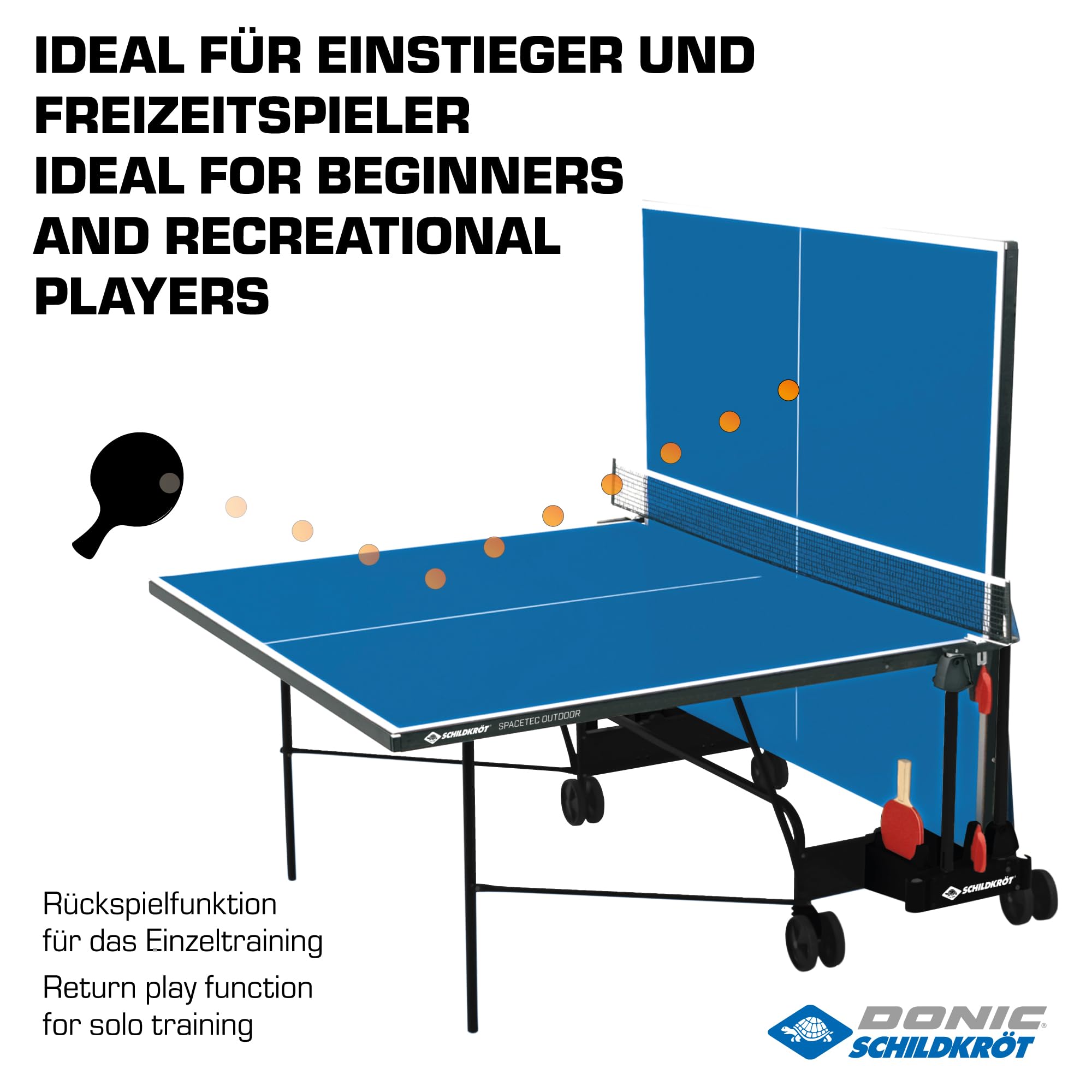 Schildkröt Tischtennisplatte Space Tec Outdoor, Outdoor Kompakttisch, wetterfeste 4mm Melaminharzplatte, Blaue Oberfläche, schwarzes Untergestell, klappbar und durch Räder leicht fahrbar