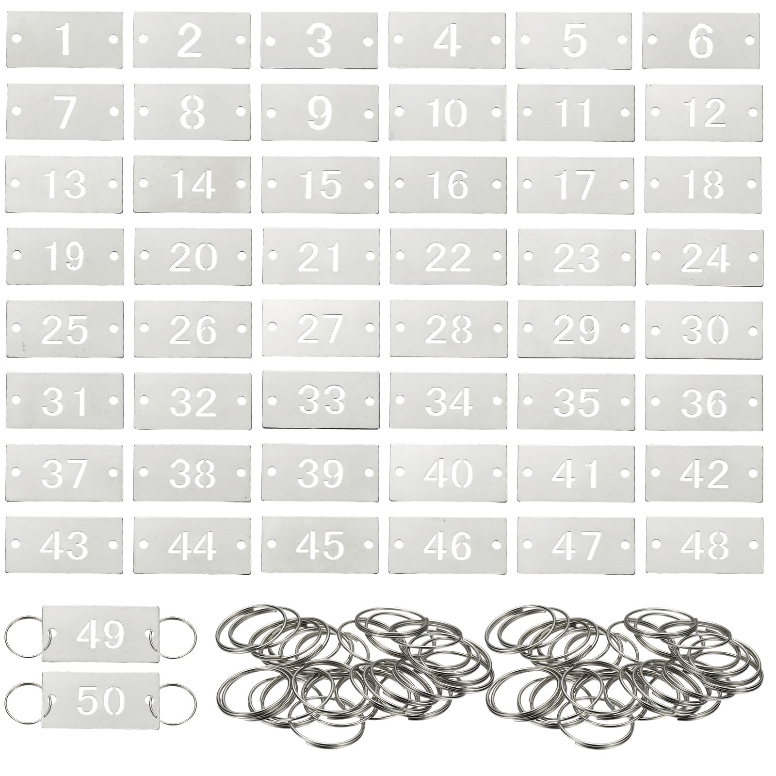 PATIKIL 50PCS Number Tags 1-50, Number Key Tags Stainless Steel Numbered Keychain Metal Sheet Plate with 2 Holes Key Rings for Plant Organizer Field Hangers Labels, Rectangle, Silver