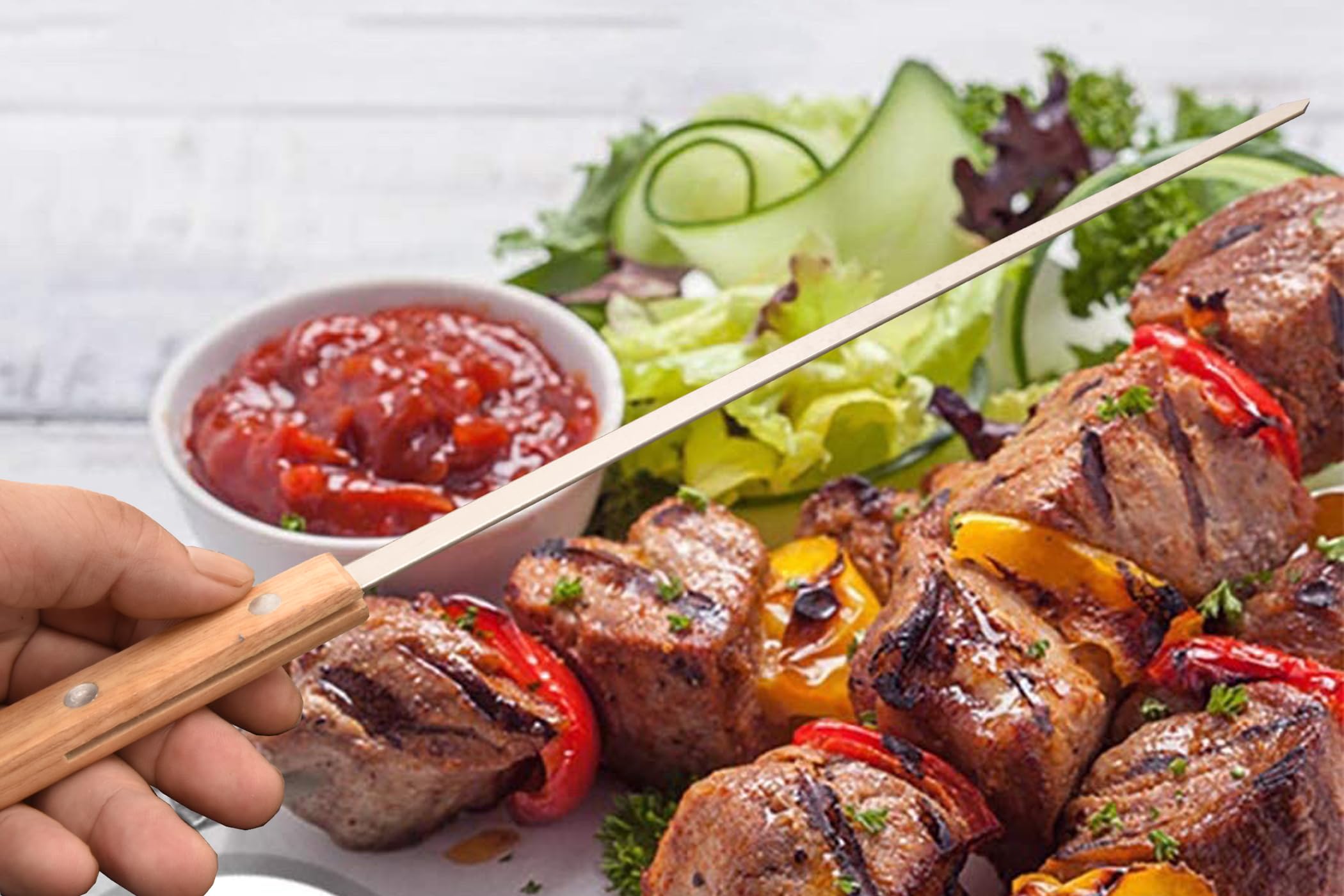 Spiedini per barbecue in metallo da 55,9 cm, in acciaio inox pesante, lama larga 3/8 pollici con manico in legno duro, spiedini lunghi piatti per barbecue per grigliare carne, pollo,
