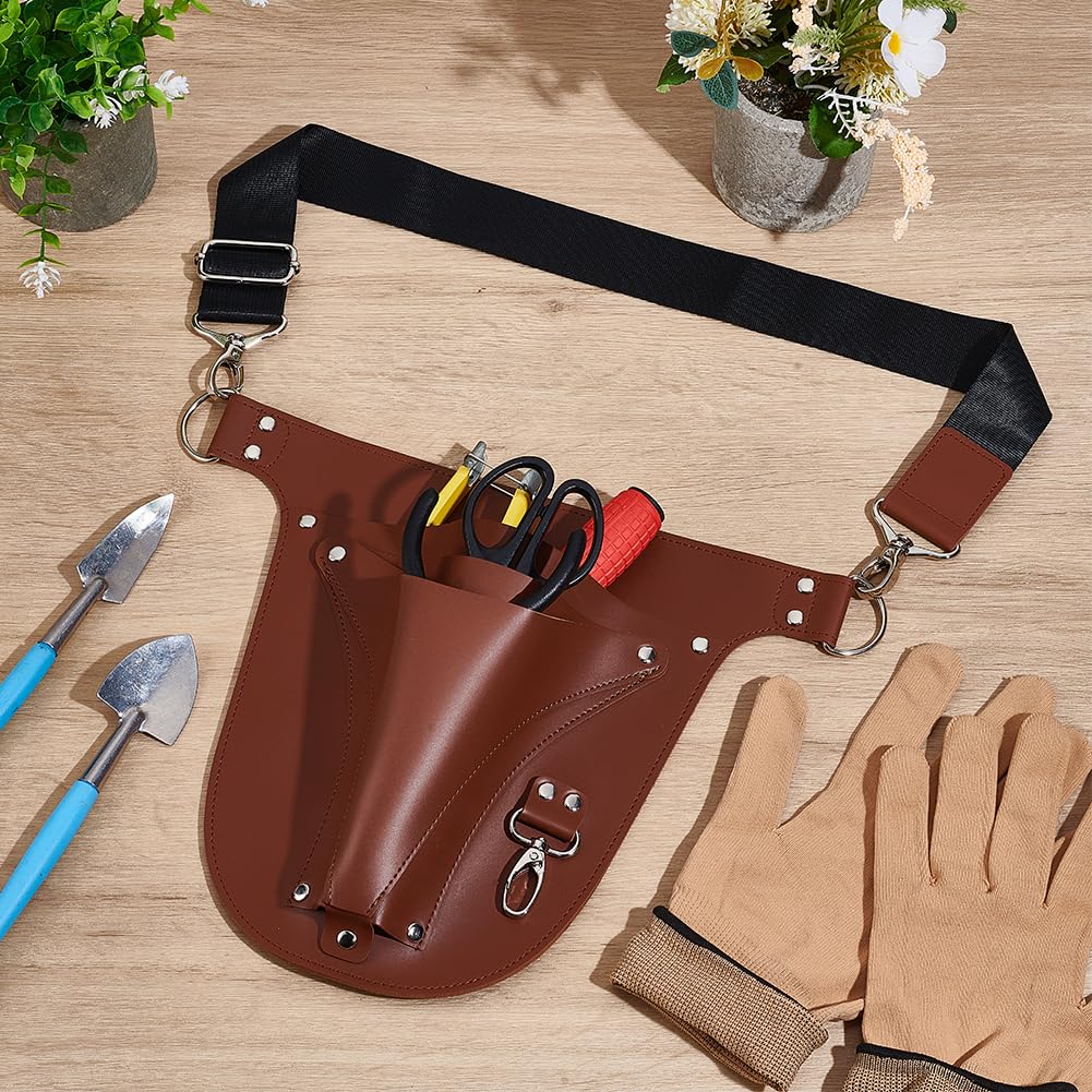 GORGECRAFT Ceinture à Outils pour Fleuriste en Cuir PU Marron Multifonctionnelle pour Jardinier Agriculteur Tablier de Travail Organisateur D'Outil Sac Banane avec 3 poche Fermoir en Alliage Jardinage