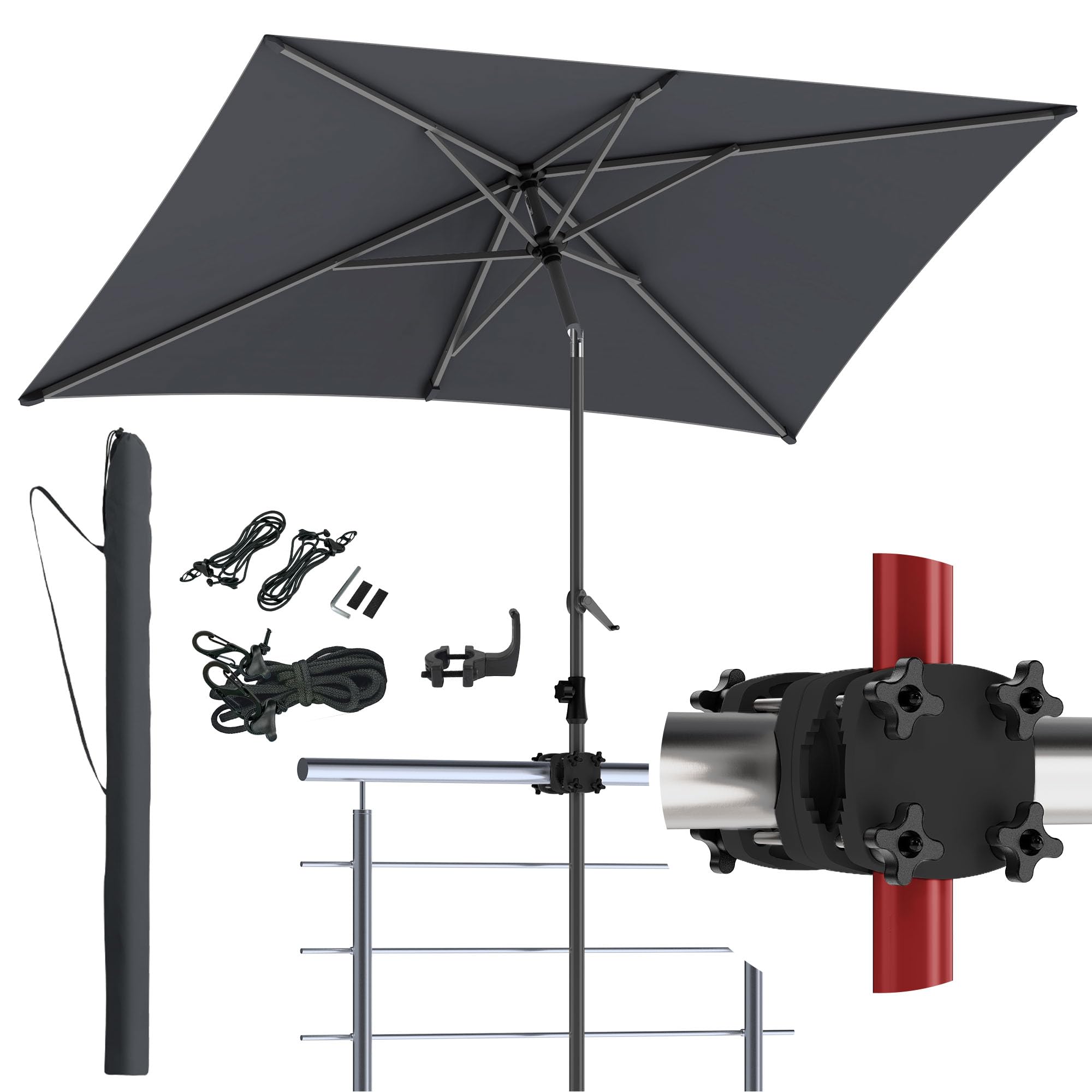 Menz Sonnenschirm Balkon SunnyShade, Anthrazit - 4-in-1 SET Sonnenschutz Balkon - UPF 50+ Sonnenschirm rechteckig 200x125 cm & Sonnenschirmhalter Balkongeländer & Sonnenschirmhülle & Windsicherung