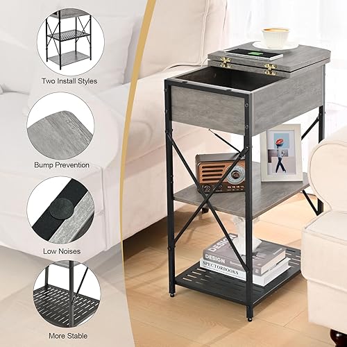 Miniatura 5 de Livofloral Mesa auxiliar estrecha con estación de carga, mesa auxiliar gris con 3 puertos USB y 2 salidas de CA, mesa auxiliar abatible con