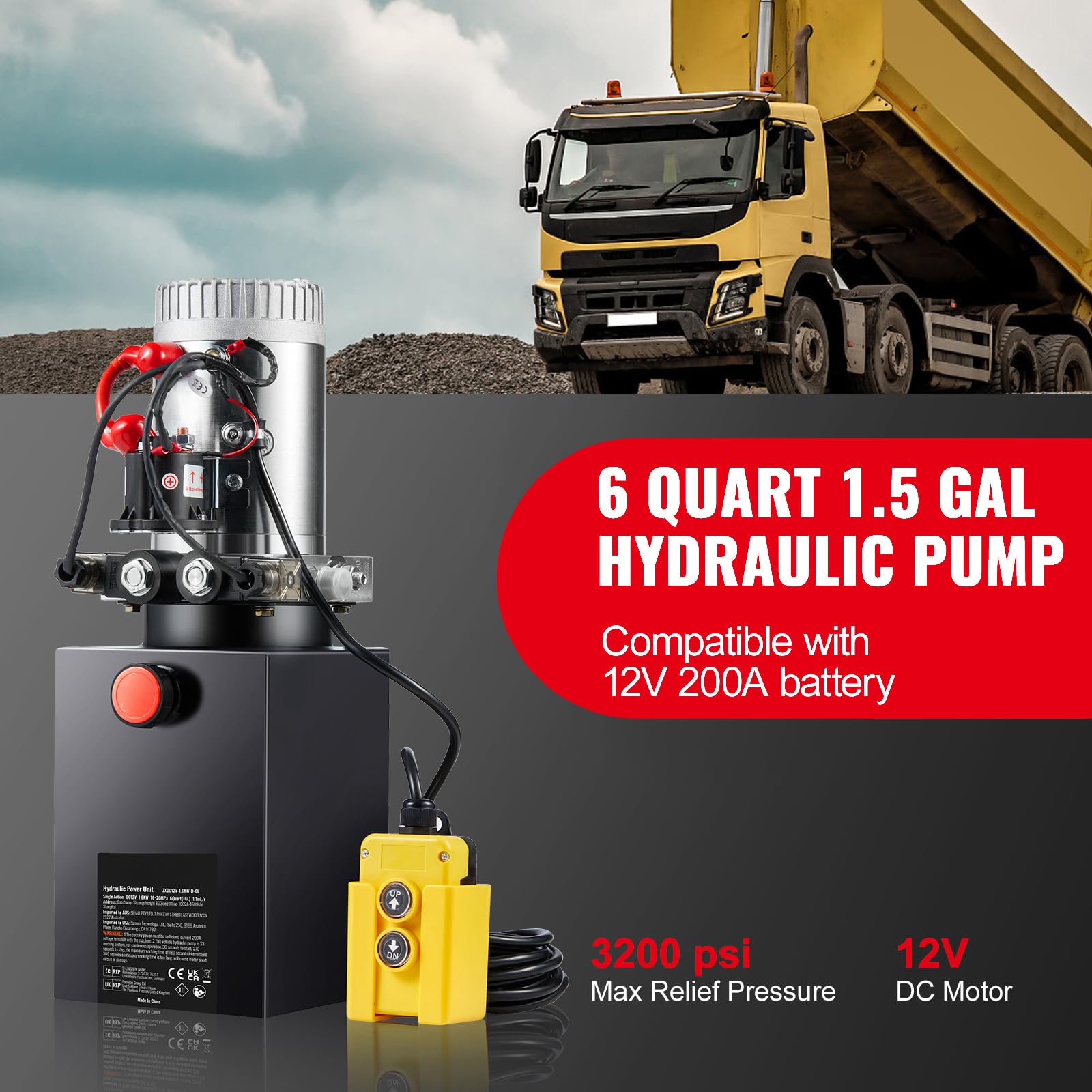 Happybuy Hydraulic Pump, 6 Quart Hydraulic Power Unit, Double Acting Dump Trailer Pump, 0.91 GPM Flow Rate, 3200 PSI Max Relief Pressure, DC 12V Hydraulic Pump for Dump Trailer Car Lifting
