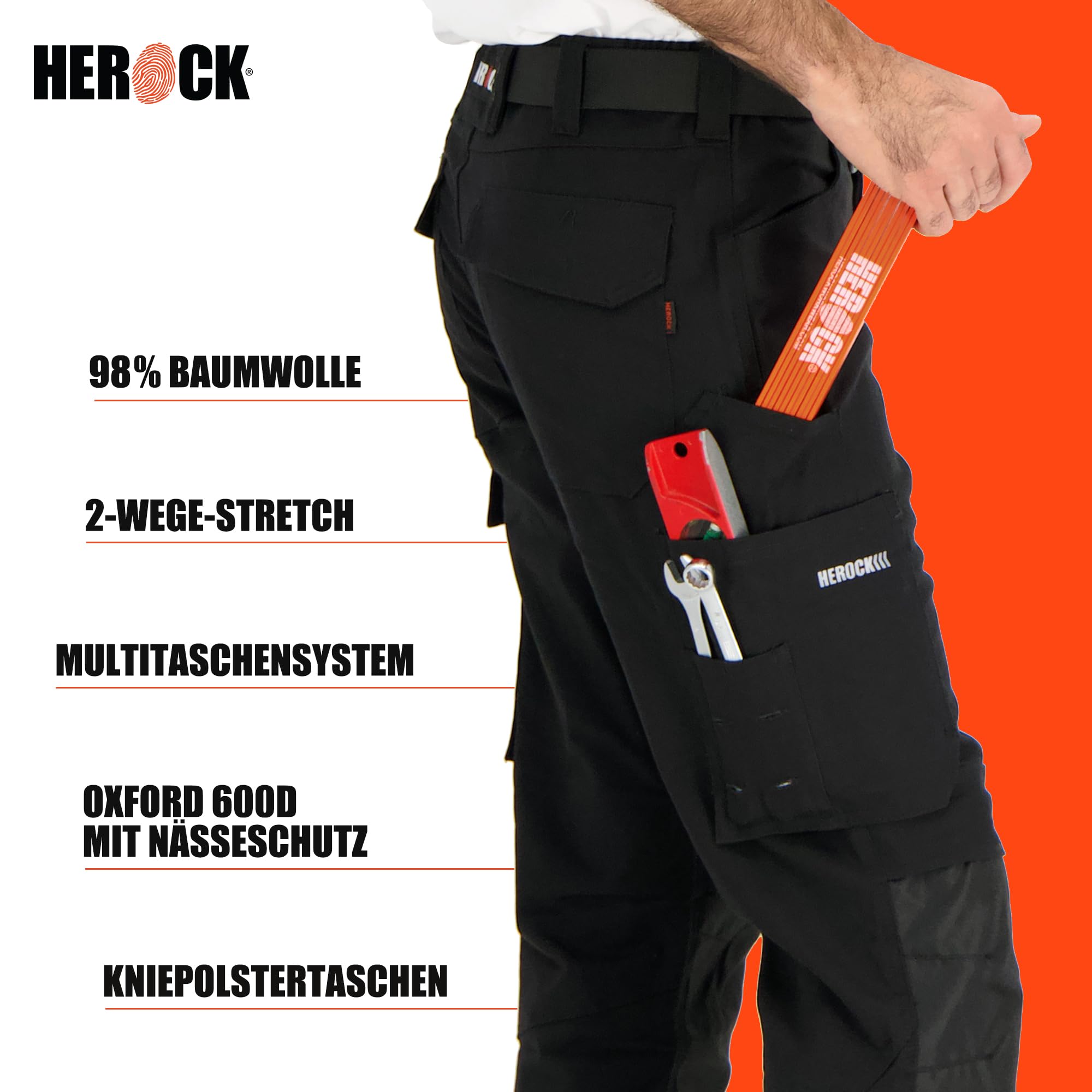 Herock DERO Arbeitshose Herren Knieschutzhose 2-Wege-Stretch Multi-Taschen | 2-Wege-Stretch & Multi-Taschen | Knieschutz-kompatibel | Baumwoll-Mix | Bau & Montage