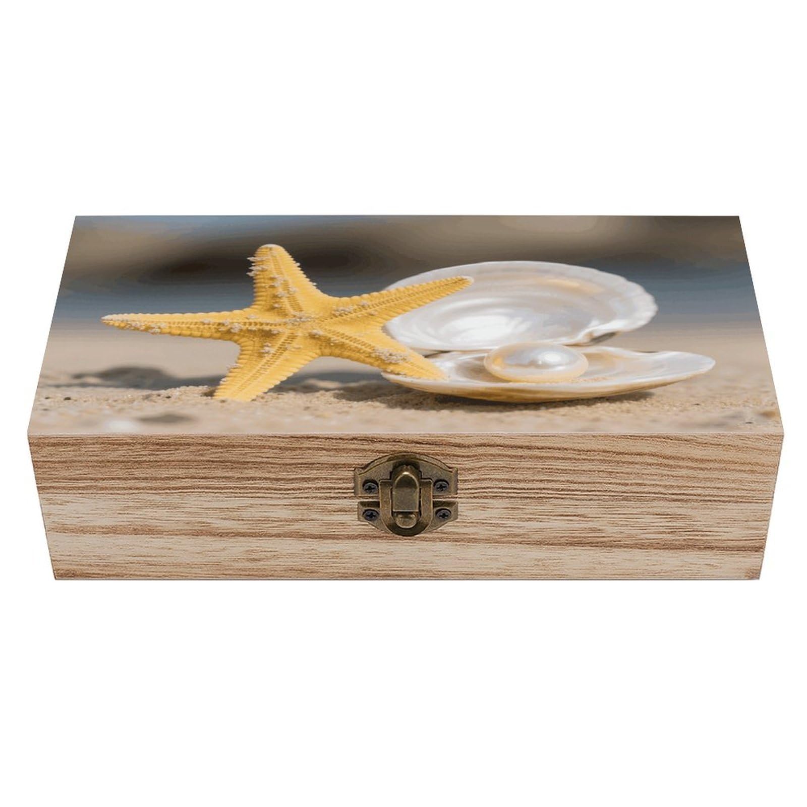 VstaDank Sea Starfish Wooden Storage Box Vintage Style Wooden Storage Case with A Hinged Lid Memory Treasure Boxes Decorative Jewelny Photos for Organizer 7.9 * 3.7 * 2.3 Inch