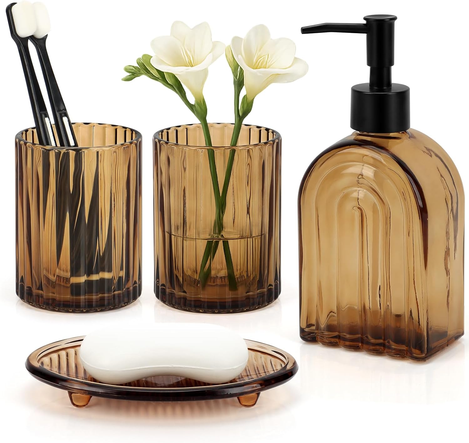 Topsky 4 Pcs Glass Bathroom Accessories Set,13oz Liquid Arch Design Hand Soap Dispenser with Stripe Toothbrush Holder,Mouthwash Cup,Soap Dish for Bathroom Countertop,Heavy Weight,Amber