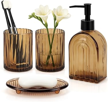 Topsky 4 Pcs Glass Bathroom Accessories Set,13oz Liquid Arch Design Hand Soap Dispenser with Stripe Toothbrush Holder,Mouthwash Cup,Soap Dish for Bathroom Countertop,Heavy Weight,Amber