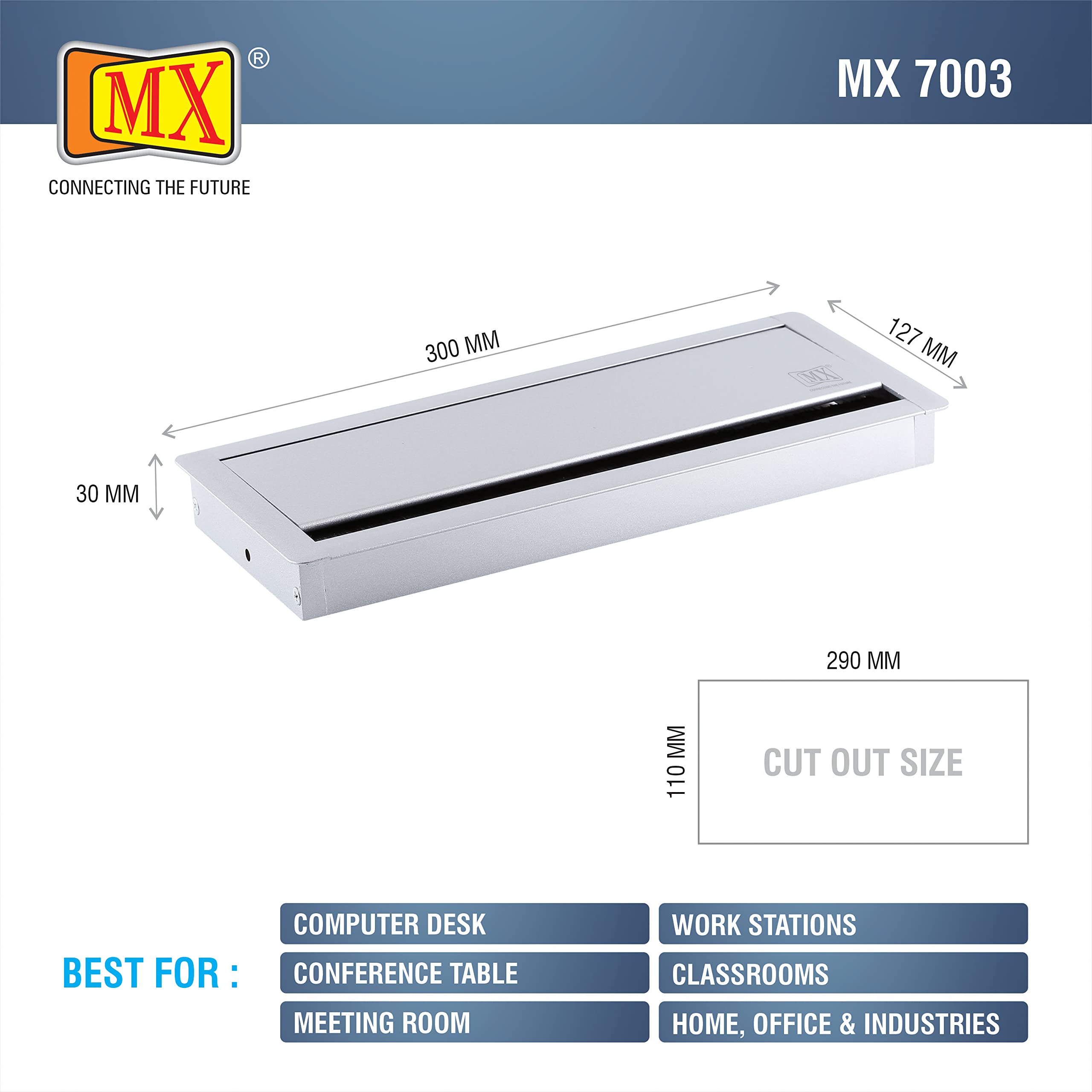 MX Adjustable Metal Cable Hole Cover 300×127 mm – Rectangular Desk Grommet, Flip-Open Wire Management, Black 3