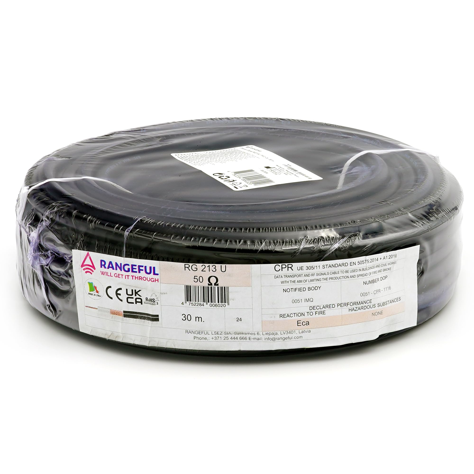 RANGEFUL RG213 30 metri cavo coassiale — prolunga 30m RF 50ohm compatibile con SMA BNC TNC UHF Tipo N — RG213U cable per Antenna Esterno WiFi Router 4G 5G CB Radio Modem — Prodotto in Italia