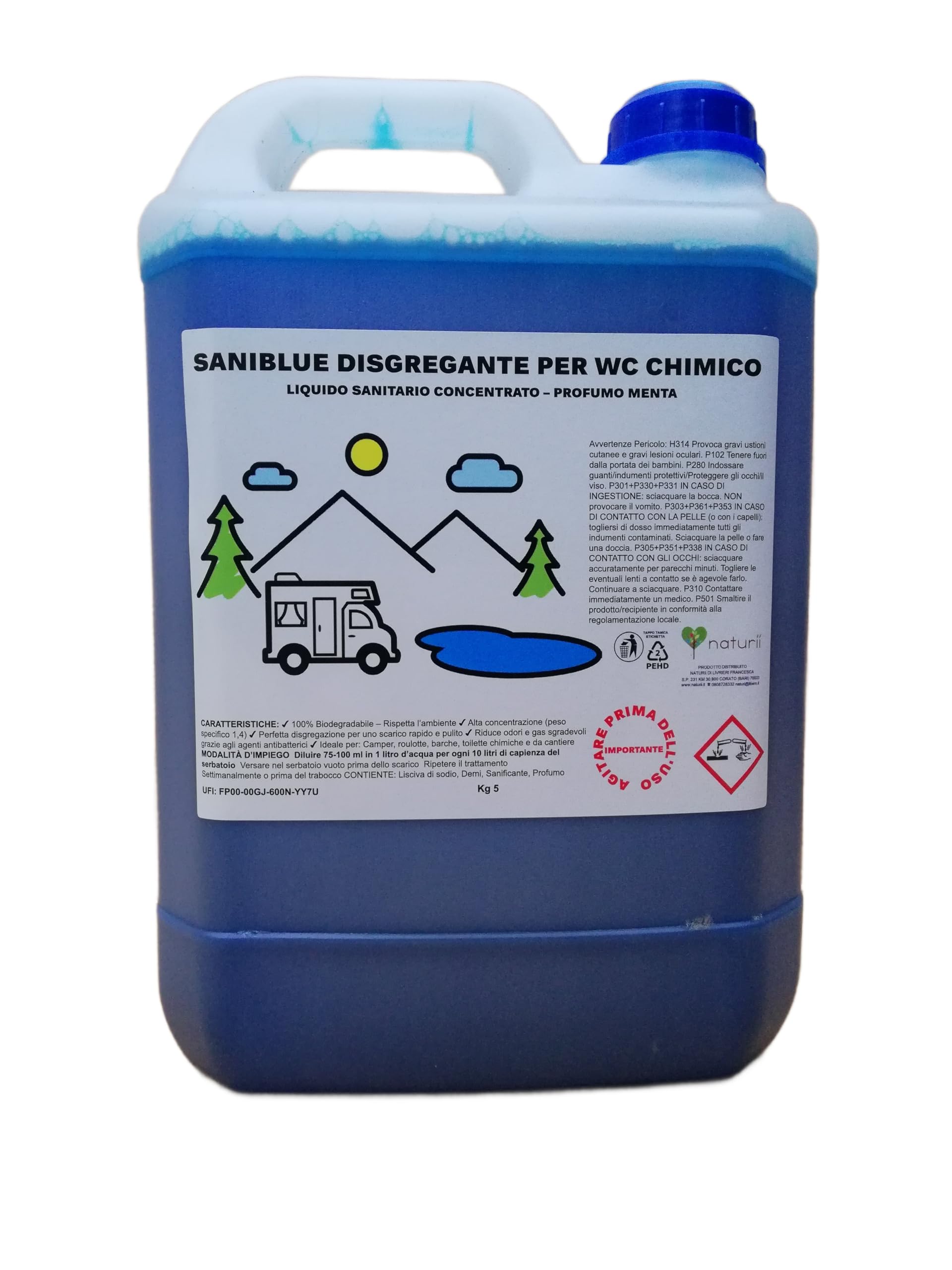 Saniblue Liquido Sanitario Disgregante Concentrato per Wc Chimico, 5 kg per Serbatoio Camper, roulotte Gabinetto da Campeggio, Acque Nere, WC Portatile portatili Toilette chimiche profumo agrumi