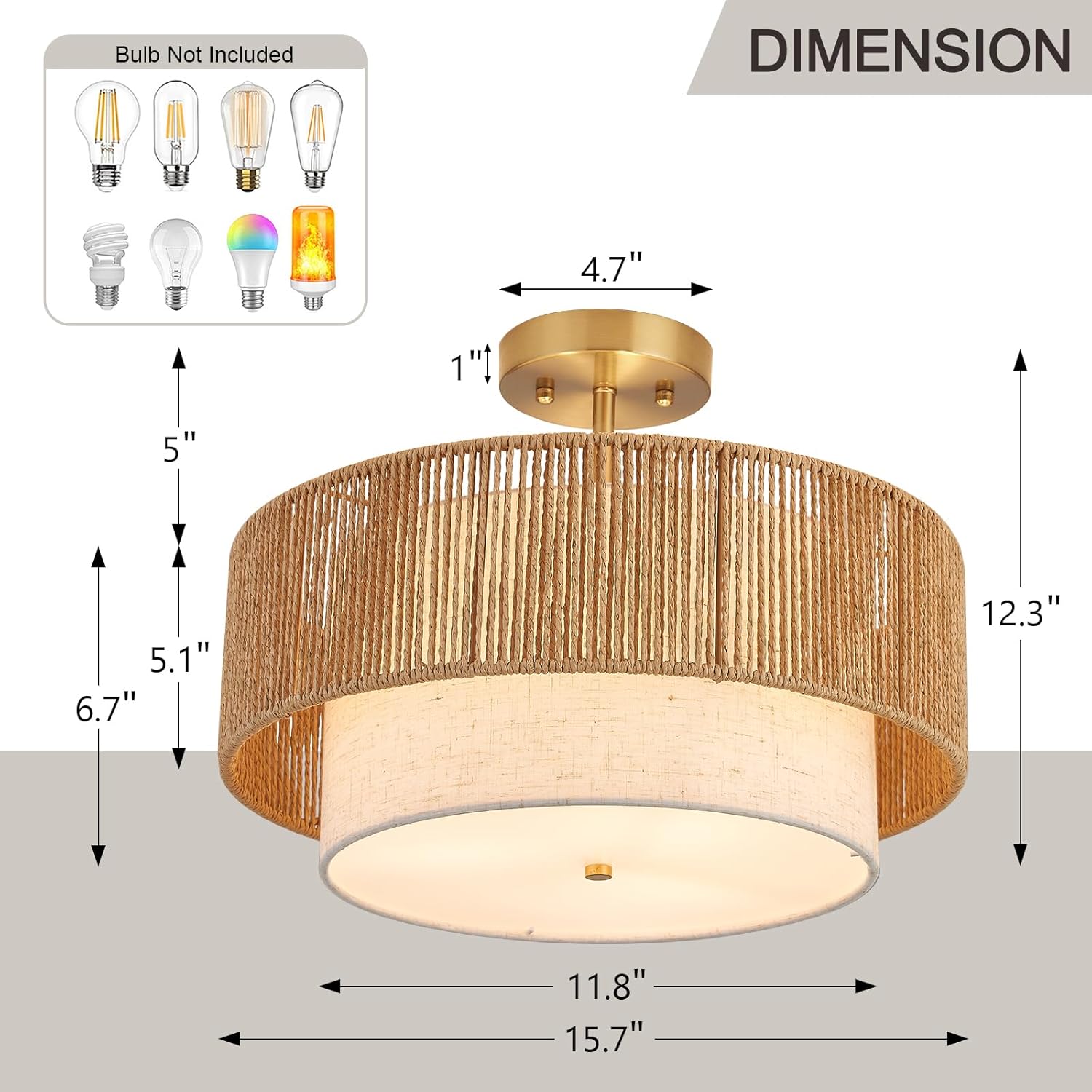 16" Drum Flush Mount Ceiling Light Hallway Light Fixtures with Rattan Shade,3-Light Semi Flush Light Fixture Ceiling Mount for Kitchen, Bedroom, Bathroom, Living Room