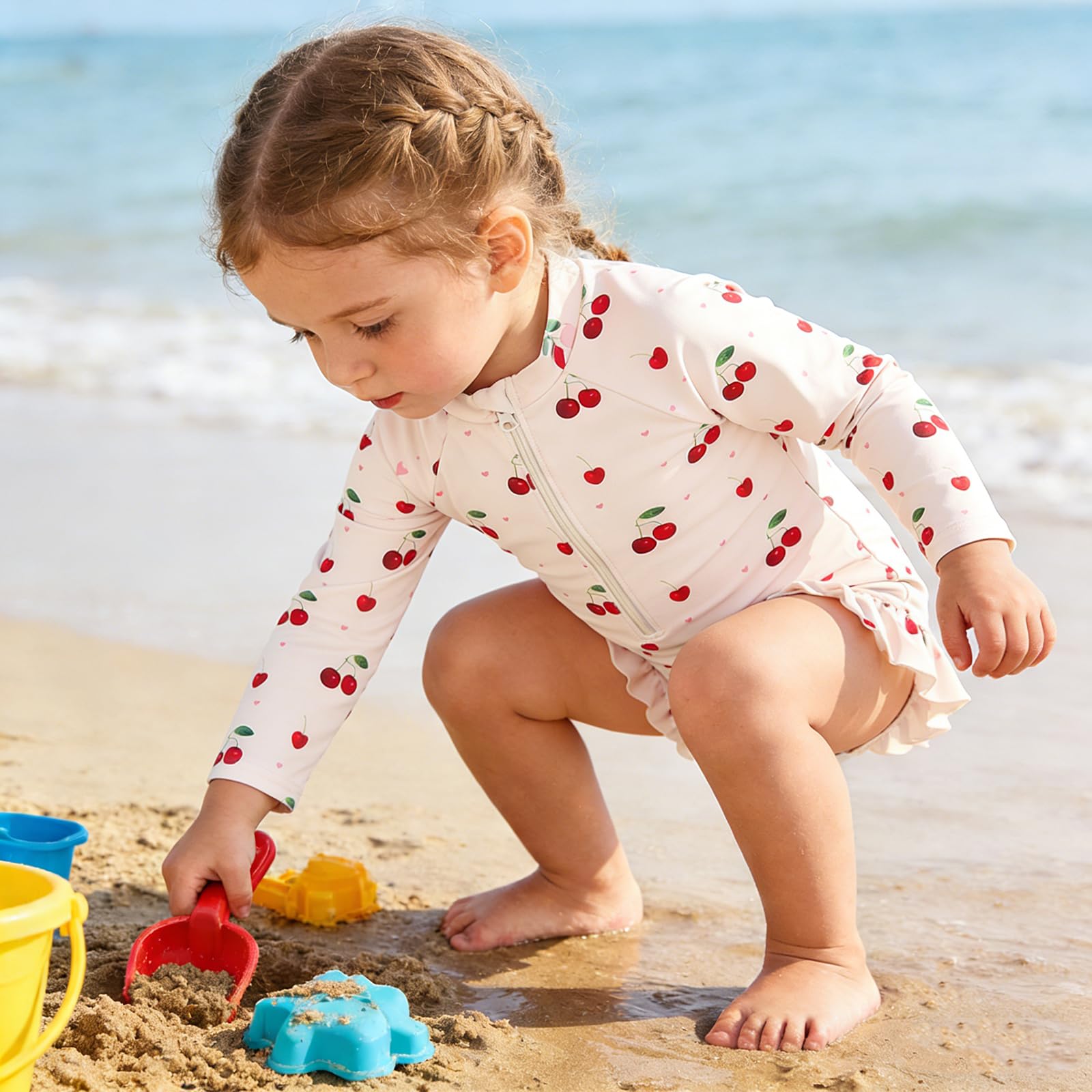 Baby-Mädchen-Badeanzug mit Badekappe für Kleinkinder mit Kirschmuster langärmeliger Badeanzug für kleines Mädchen Sonnenschutz Frontreißverschluss einteiliger Badebekleidung