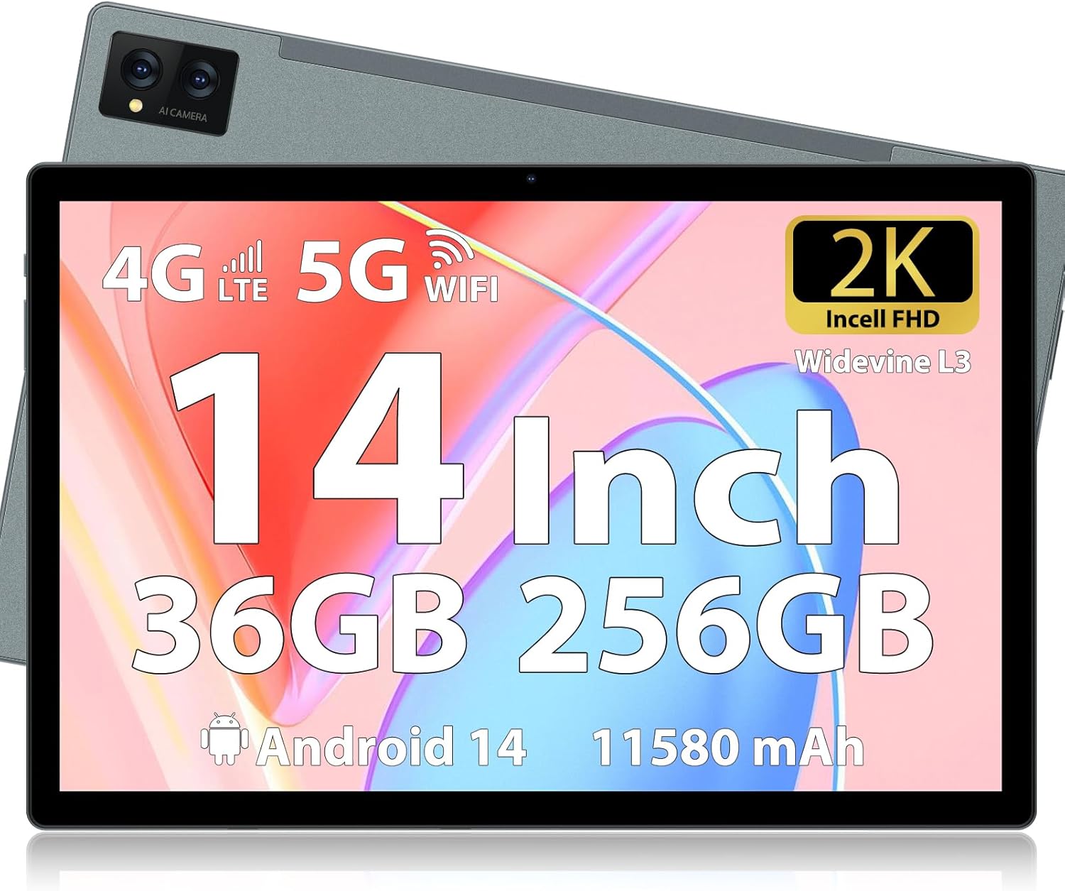 FLYCOAY Tablet 14 inch Android 14 Tablets, 256GB ROM(Expand to 2TB),36GB(12+24) RAM, Octa-Core 2.0GHz,11580mAh Battery, 2000 * 1200 FHD 4 Speakers, 4G LTE/5G WiFi, with Case,Pen,Earphone,Gray ﻿ ﻿