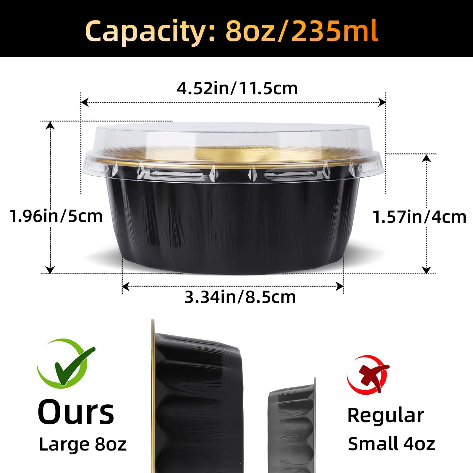 Beasea Creme Brulee - Ramequines desechables con tapas, paquete de 120 mini moldes de aluminio de 8 onzas, 4 pulgadas, color negro y dorado, pequeños moldes redondos para tartas, recipientes