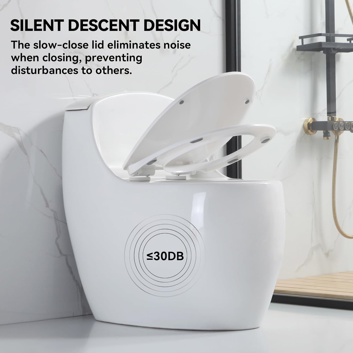 SUPERFLO ET-SG toilet with slow-closing lid, illustrating silent descent design