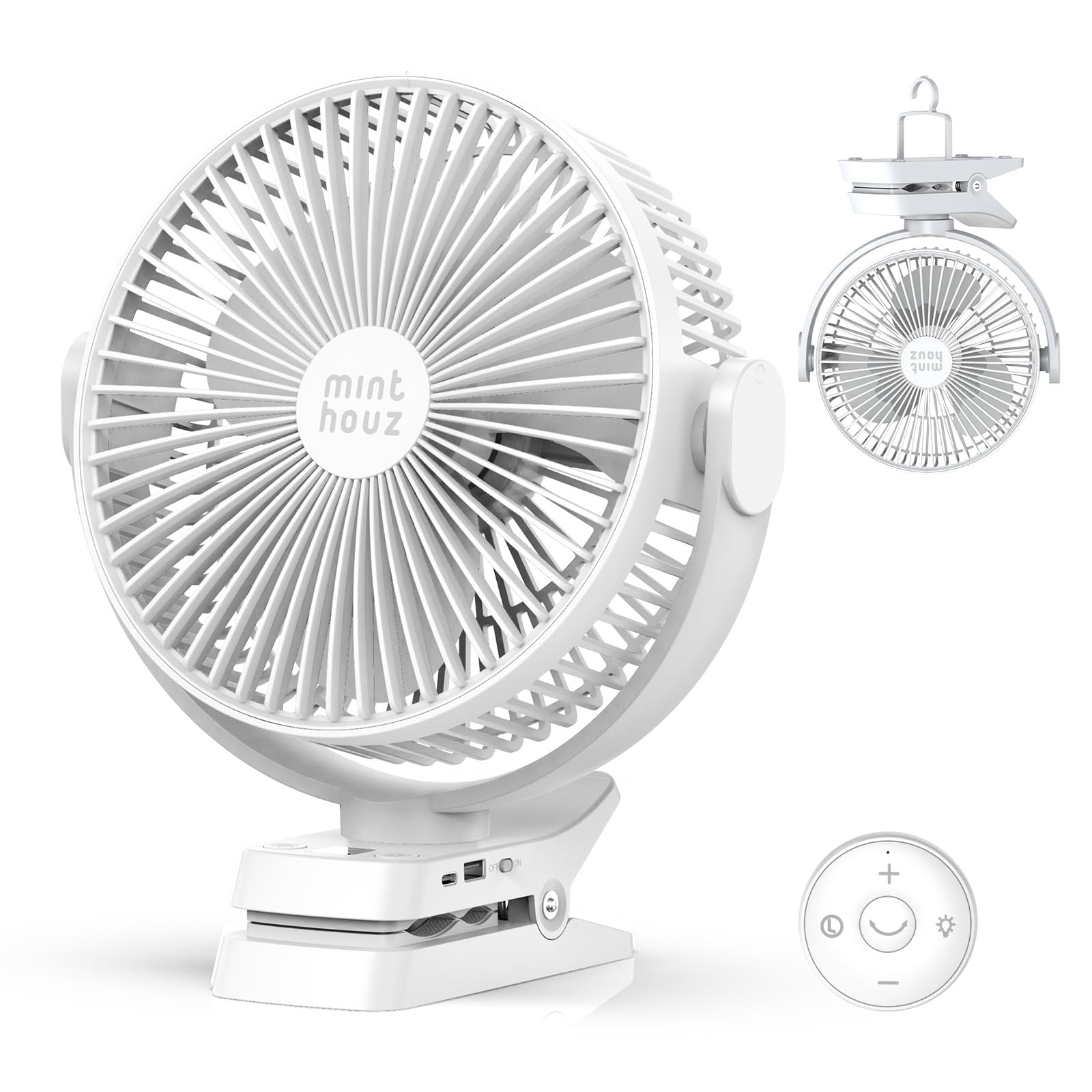 Minthouz Ventilatore a clip da 12000 mAh, ventilatore da tavolo USB da 20,3 cm, 5 livelli, 29 ore di autonomia, telecomando e indicatore LED, ventilatore portatile per casa, passeggino e campeggio