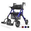 VOCIC 2-in-1 Wheelchair Rollator Foldable and Lightweight with Seat Outdoor Rubber Tyres for All Terrain Lightweight Rollators with Mesh Pocket Aluminum Walking Aid Transport Chair Blue 5 year