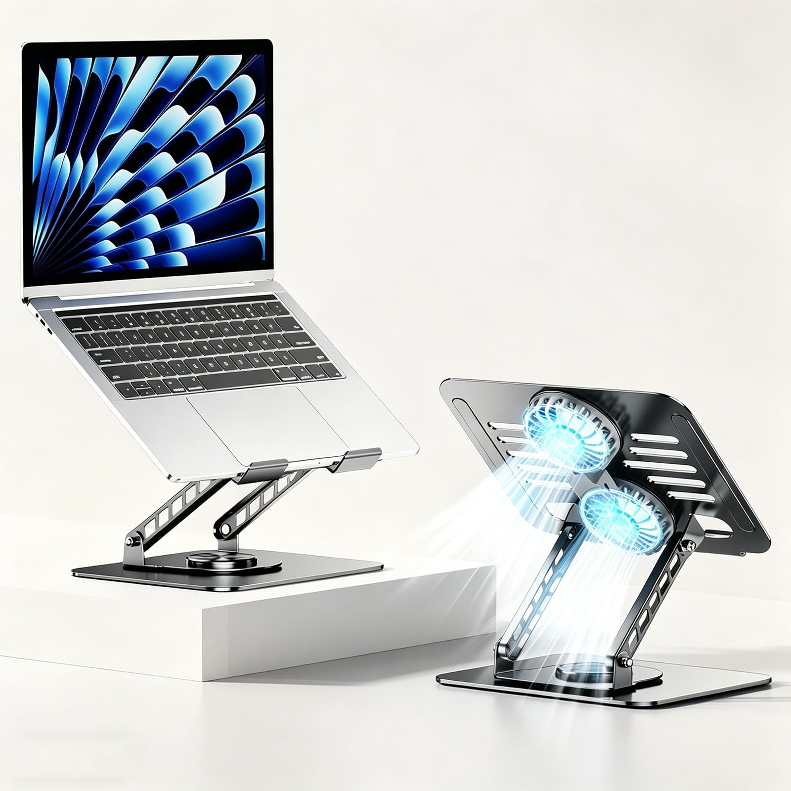Podstawka Pod Laptopa Na Biurko,Wentylatory Chłodzące,Obrotowa Podstawa 360°,Regulowana Wysokość,Metalowe Podwójne Ramię,Udźwig 10Kg,Do 17,3 Cala,Składana Konstrukcja,Do Biura I Domu C