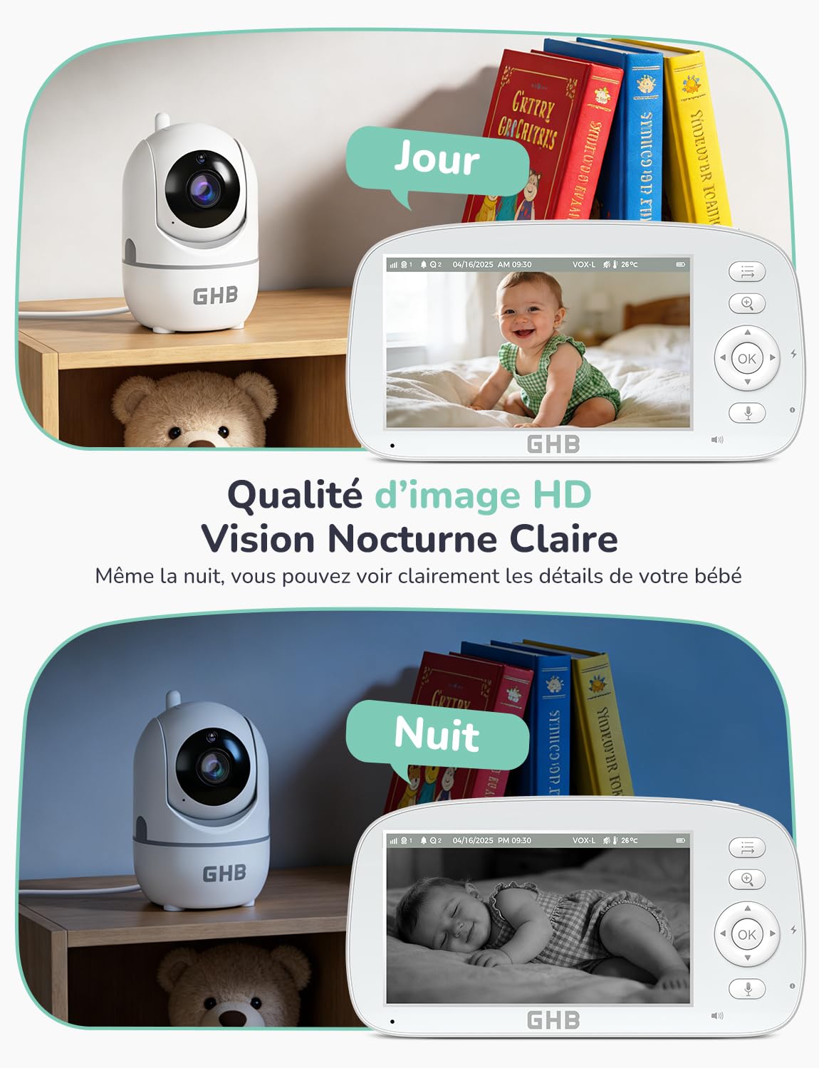 GHB Babyphone Camera Bebe Surveillance Rotation de 350°/110° Baby Phone Écran de 5" 2,4 GHz VOX Mode Capteur de Température Communication Bidirectionnelle 5 Berceuses Vision Nocturne sans WiFi
