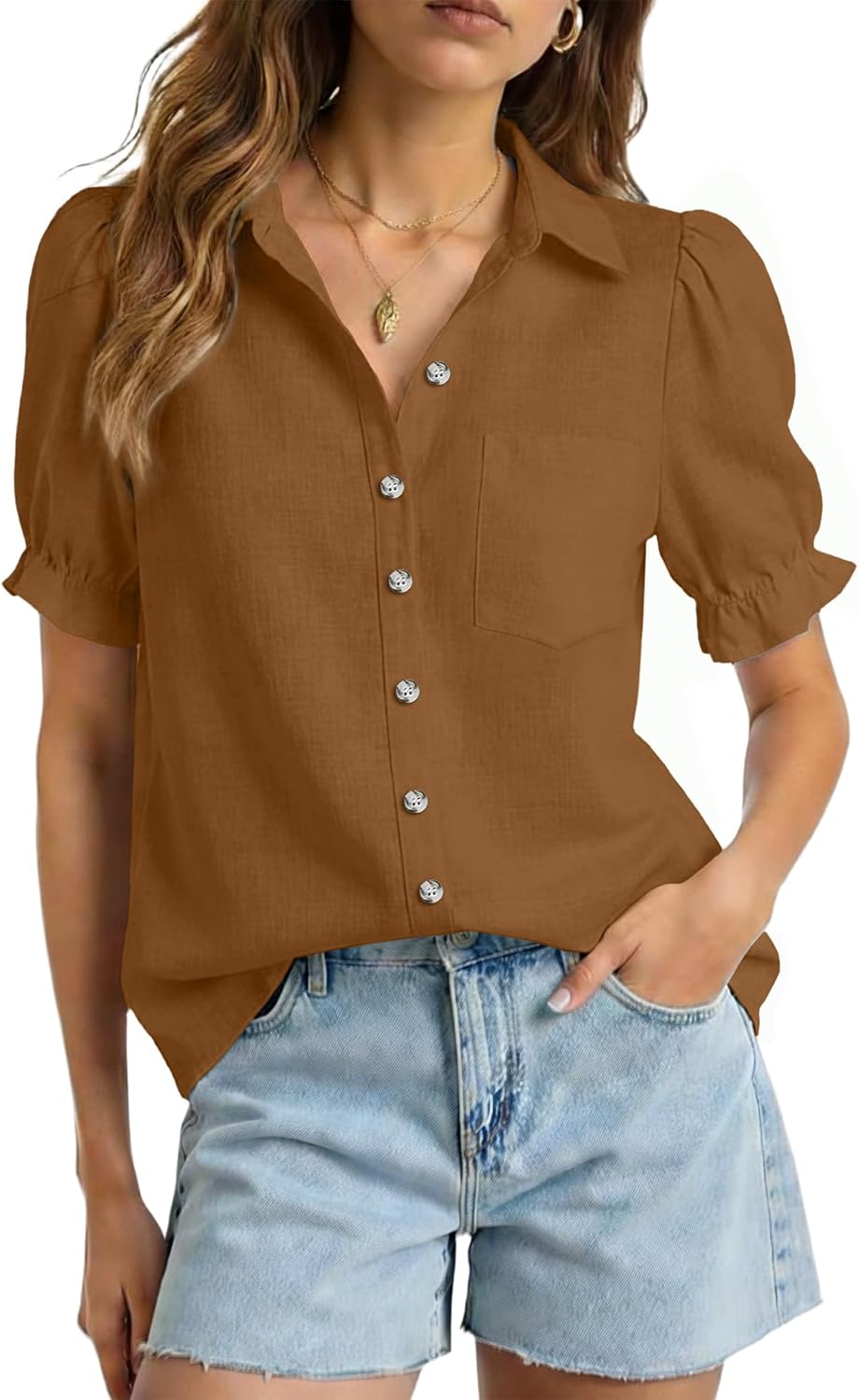 LOMON Women's Cotton Linen Button Down Shirts V Neck Short Puff Sleeve Cute Top Collared Summer Work Blouses Dressy Casual