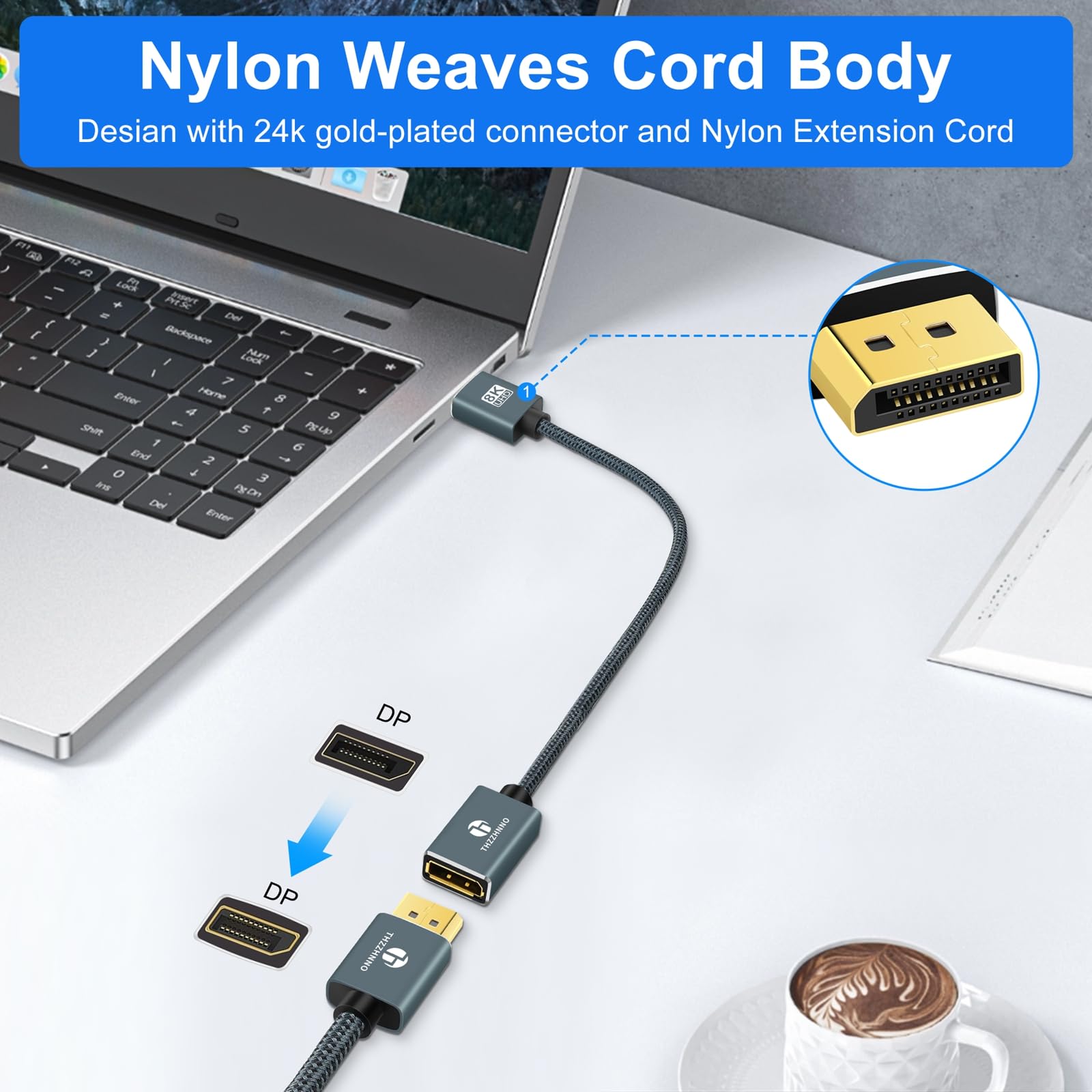 Cable Extensión 8K DisplayPort 0,5M, Cable DisplayPort 1.4 Macho a Hembra, Cable extendido DP a DP soporta 8K@60Hz, 4K@120Hz para Monitor de juegos, Gráficos, PC