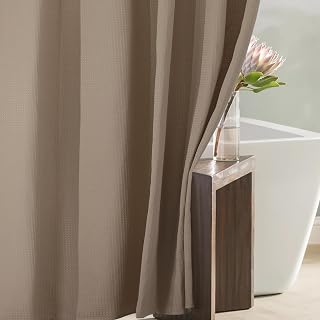 Taupe Tan Waffle Shower Curtain: Beige Khaki Heavy Duty Textured Fabric Shower Curtains for Bathroom - 256 GSM Water Repellent Washable Thick Polyester Cloth Bath Curtain - 72x72