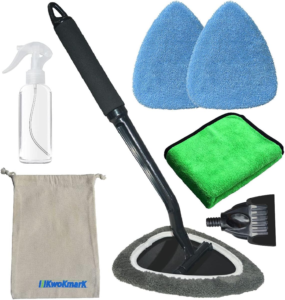 Windshield Cleaner Wand - Car Window Cleaning Tool Auto Glass Wiper Kit Pack with Ice Scraper Replacement Pad Towel Spray Bottle Storage Bag TTL 7 PCS